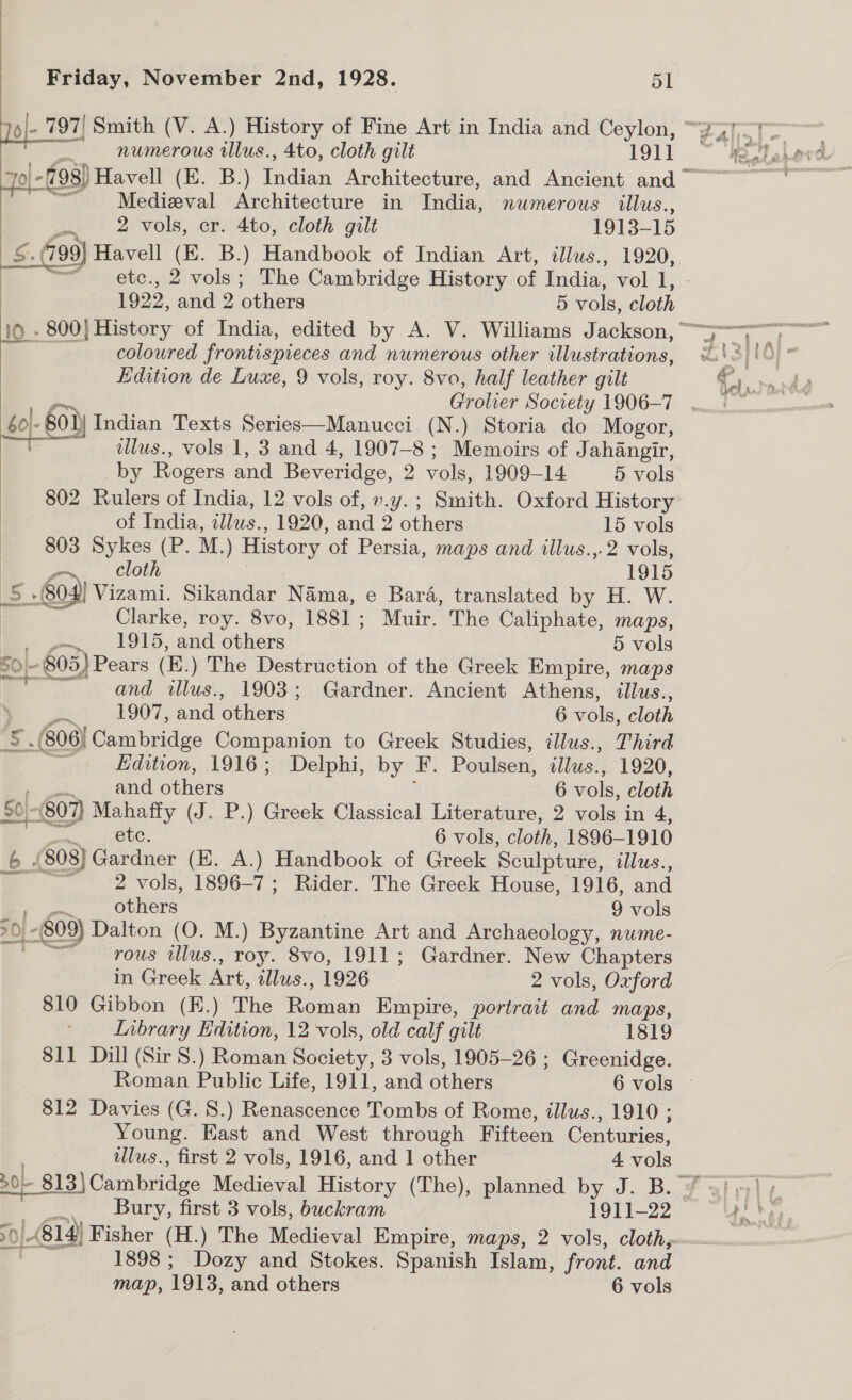   numerous tllus., 4to, cloth gilt 191] Be Medieval Architecture in India, numerous rlus., 2 vols, cr. 4to, cloth gilt 1913-15 799) Havell (EK. B.) Handbook of Indian Art, illus., 1920, gee etc., 2 vols; The Cambridge History of India, vol 1, coloured frontispieces and numerous other illustrations, Edition de Luxe, 9 vols, roy. 8vo, half leather gilt bol- 601) Indian Texts Series—Manucci (N.) Storia do Mogor, illus., vols 1, 3 and 4, 1907-8 ; Memoirs of Jahangir, by Rogers and Beveridge, 2 vols, 1909-14 5 vols 802 Rulers of India, 12 vols of, ».y.; Smith. Oxford History  of India, illus. &gt;, La20, and 2 others 15 vols 803 Sykes (P. M. ) History of Persia, maps and illus.,.2 vols, iS 804) Vizami. Sikandar Nama, e Bard, translated by H. W. Clarke, roy. 8vo, 1881 ; Muir. The Caliphate, maps, | ee TONS: and others 5 vols 50/- ~ 805) Pears (E. ) The Destruction of the Greek Empire, maps | and illus., 1903; Gardner. Ancient Athens, illus., Be 1907, and Cie 6 vols, cloth 5 &gt;. (806) Cambridge Companion to Greek Studies, illus., Third ~ = Edition, 1916; Delphi, by ou Poulsen, illus. 1920, and others 6 vols, cloth So 807) Mahaffy (J. P.) Greek Classical Literature, 2 vols in 4, me ee. 6 vols, cloth, 1896-1910 6: (808) Gardner (HE. A.) Handbook of Greek Sculpture, illus., : 2 vols, 1896-7; Rider. The Greek House, 1916, and others | 9 vols | 809) Dalton (O. M.) Byzantine Art and Archaeology, nume- ~~ -rous illus., roy. 8vo, 1911; Gardner. New Chapters in Greek Art, illus., 1926 2 vols, Oxford 810 Gibbon (E.) The Baan Empire, portrait and maps, ' Inbrary Edition, 12 vols, old calf gilt 1819 811 Dill (Sir 8S.) Roman Society, 3 vols, 1905-26 ; Greenidge. 812 Davies (G. 8.) Renascence Tombs of Rome, illus., 1910 ; Young. East and West through Fifteen Centuries, lus., first 2 vols, 1916, and 1 other 4 vola Bury, first 3 vols, buckram 1911-22 814) Fisher (H.) The Medieval Empire, maps, 2 vols, cloth,- 1898 ; Dozy and Stokes. Spanish Islam, front. and