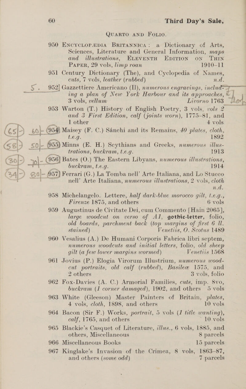 QUARTO AND FOLIO. 950 ENcYCLOP&amp;DIA BriTaNNicA: a Dictionary of Arts, Sciences, Literature and General Information, maps and illustrations, ELEVENTH EDITION: oN THIN PAPER, 29 vols, limp roan 1910-11 951 Century Dictionary (The), and Cyclopedia of Names, cuts, 7 vols, leather (rubbed) n.d. ung a plan of New York Harbour and its approaches, d 3 vols, vellum Lnvorno 1763 953 Warton (T.) History of English Poetry, 3 vols, vols aa and 3 First Edition, calf (joints worn), 177 5-81, and . (954) Maisey (F. C.) Sanchi and its Remains, £0 plates, cloth, t.e.g. 1892 055) Minns (EK. H.) Scythians and Greeks, numerous illus- trations, buckram, t.e.g. 1913 - 658) Bates (O.) The Eastern Libyans, nwmerous illustrations, buckram, t.e.g. 1914 |. 057) Ferrari (G.) La Tomba nell’ Arte Italiana, and Lo Stucco nell’ Arte Italiana, numerous sastritions, 2 vols, cloth n.d. 958 Michelangelo. Lettere, half dark-blue morocco gilt, t.e.g., Firenze 1875, and others 6 vols 959 Augustinus de Civitate Dei, cum Commento [Hain 2065], large woodcut. on verso of ATI, gothic-letter, folio, old boards, parchment back (top margins of first 6 Ul. stained) Venetiis, O. Scotus 1489 960 Vesalius (A.) De Humani Corporis Fabrica libri septem, numerous woodcuts and initial letters, folio, old sheep gilt (a few lower margins wormed) Venetiis 1568 961 Jovius (P.) Elogia Virorum Illustrium, numerous wood- cut portraits, old calf (rubbed), Basilee 1575, and 2 others 3 vols, folio 962 Fox-Davies (A. C.) Armorial Families, cuts, imp. 8vo, buckram (1 corner damaged), 1902, and others 5 vols 963 White (Gleeson) Master Painters of Britain, plates, 964 Bacon (Sir F.) Works, portrait, 5 vols (1 title wanting), calf, 1765, and others ' 10 vols 965 Blackie’s Casquet of Literature, em 6 vols, 1885, and others, Miscellaneous 8 parcels 966 Miscellaneous Books 15 parcels 967 Kinglake’s Invasion of the Crimea, 8 vols, 1863-87, and others (some odd) | 7 parcels “h Nod