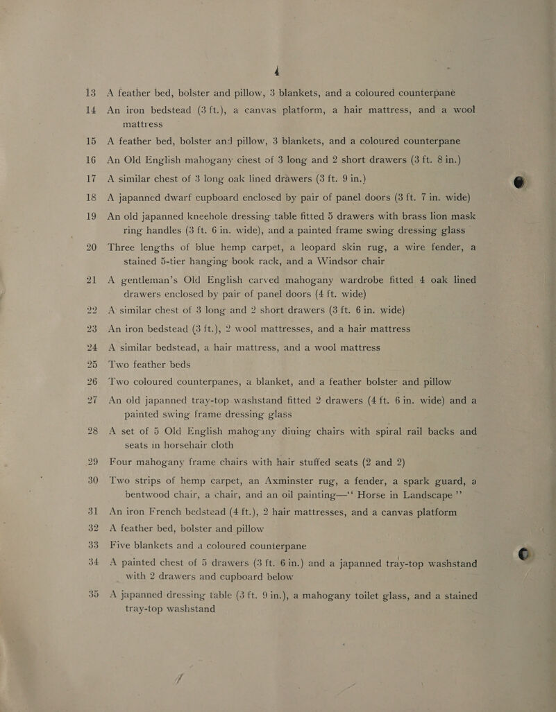 A feather bed, bolster and pillow, 3 blankets, and a coloured counterpané An iron bedstead (3 ft.), a canvas platform, a hair mattress, and a wool mattress A feather bed, bolster and pillow, 3 blankets, and a coloured counterpane An Old English mahogany chest of 3 long and 2 short drawers (3 ft. 8 in.) A similar chest of 3 long oak lined drawers (3 ft. 9 in.) A japanned dwarf cupboard enclosed by pair of panel doors (3 ft. 7 in. wide) An old japanned kneehole dressing table fitted 5 drawers with brass lion mask ring handles (3 ft. 6 in. wide), and a painted frame swing dressing glass — Three lengths of blue hemp carpet, a leopard skin rug, a wire fender, a stained 5-tier hanging book rack, and a Windsor chair A gentleman’s Old English carved mahogany wardrobe fitted 4 oak lined drawers enclosed by pair of panel doors (4 ft. wide) A similar chest of 3 long and 2 short drawers (3 ft. 6 in. wide) An iron bedstead (3 {t.), 2 wool mattresses, and a hair mattress A similar bedstead, a hair mattress, and a wool mattress Two feather beds Two coloured counterpanes, a blanket, and a feather bolster and pillow An old japanned tray-top washstand fitted 2 drawers (4 ft. 6 in. wide) and a painted swing frame dressing glass A set of 5 Old English mahogany dining chairs with spiral rail backs and seats in horsehair cloth Four mahogany frame chairs with hair stuffed seats (2 and 2) Two strips of hemp carpet, an Axminster rug, a fender, a spark guard, a bentwood chair, a chair, and an oil painting—‘‘ Horse in Landscape ’”’ An iron French bedstead (4 ft.), 2 hair mattresses, and a canvas platform A feather bed, bolster and pillow Five blankets and a coloured counterpane A painted chest of 5 drawers (3 ft. 6in.) and a japanned tray-top washstand with 2 drawers and cupboard below A japanned dressing table (3 ft. 9 in.), a mahogany toilet glass, and a stained tray-top washstand