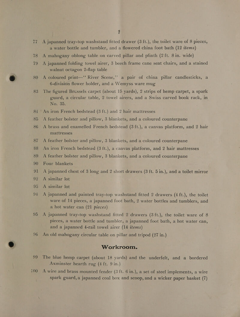 26 09 7 A japanned tray-top washstand fitted drawer (3 ft.), the toilet ware of 8 pieces, a water bottle and tumbler, and a flowered china foot bath (12 items) A mahogany oblong table on carved pillar and plinth (2 ft. 8 in. wide) A japanned folding towel airer, 3 beech frame cane seat chairs, and a stained walnut octagon 2-flap table A coloured print—‘‘ River Scene,’’ a pair of china pillar candlesticks, a 6-division flower holder, and a Wemyss ware mug The figured Brussels carpet (about 15 yards), 2 strips of hemp carpet, a spark guard, a circular table, 2 towel airers, and a Swiss carved book rack, in No. 35. An iron French bedstead (3 ft.) and 2 hair mattresses A brass and enamelled French bedstead (3 ft.), a canvas platform, and 2 hair mattresses A feather bolster and pillow, 3 blankets, and a coloured counterpane An iron French bedstead (3 ft.), a canvas platform, and 2 hair mattresses A feather bolster and pillow, 3 blankets, and a coloured counterpane Four blankets A japanned chest of 3 long and 2 short drawers (3 ft. 5in.), and a toilet mirror | A similar lot A similar lot A japanned and painted tray-top washstand fitted 2 drawers (4 ft.), the toilet ware of 14 pieces, a japanned foot bath, 2 water bottles and tumblers, and a hot water can (21 pieces) A japanned tray-top washstand fitted’2 drawers (3 ft.), the toilet ware of 8 pieces, a water bottle and tumbler, a japanned foot bath, a hot water can, and a japanned 4-rail towel airer (14 items) An old mahogany circular table on pillar and tripod (27 in.) Workroom. The blue hemp carpet (about 18 yards) and the underfelt, and a bordered Axminster hearth rug (4 ft. 9 in.) A wire and brass mounted fender (3 ft. 6 in.), a set of steel implements, a wire