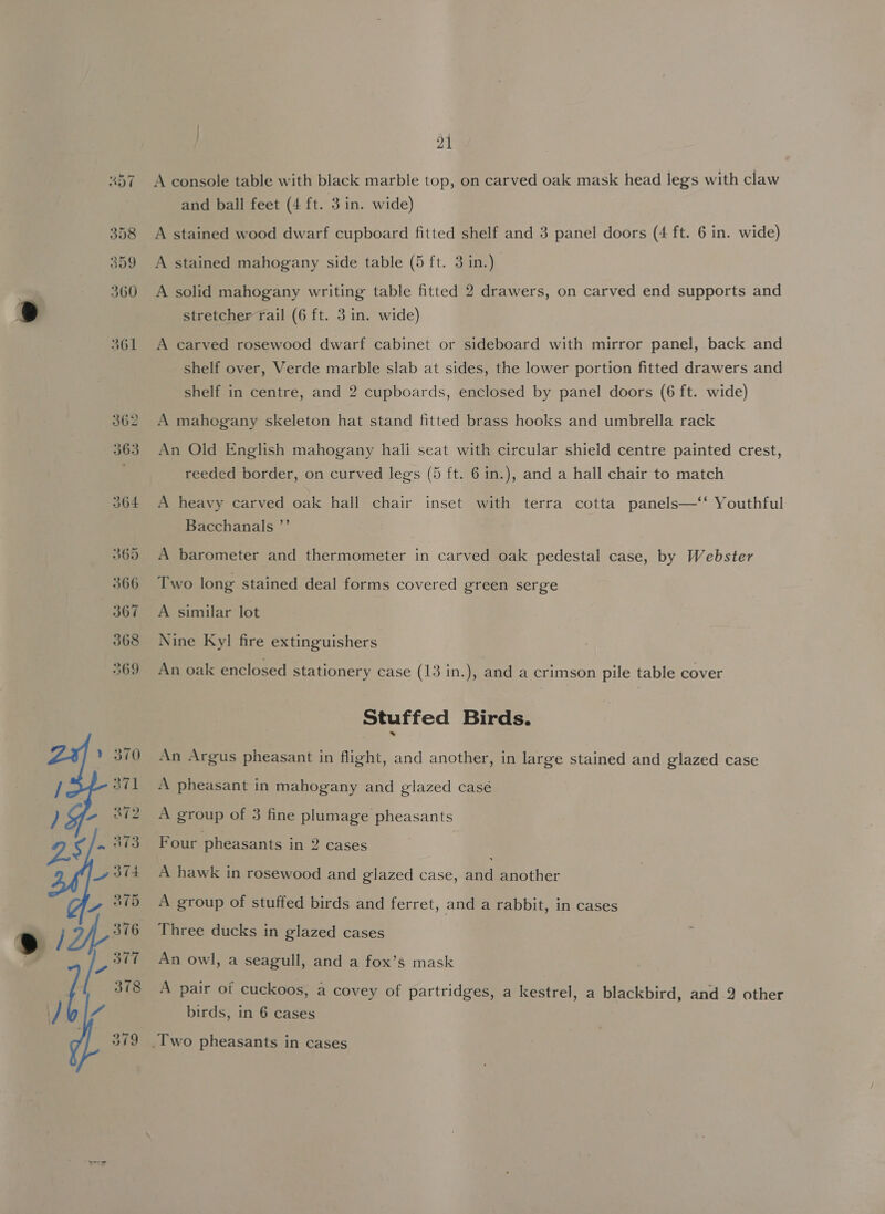 A console table with black marble top, on carved oak mask head legs with claw and ball feet (4 ft. 3 in. wide) A stained wood dwarf cupboard fitted shelf and 3 panel doors (4 ft. 6 in. wide) A stained mahogany side table (5 ft. 3 in.) A solid mahogany writing table fitted 2 drawers, on carved end supports and stretcher rail (6 ft. 3 in. wide) A carved rosewood dwarf cabinet or sideboard with mirror panel, back and shelf over, Verde marble slab at sides, the lower portion fitted drawers and shelf in centre, and 2 cupboards, enclosed by panel doors (6 ft. wide) A mahogany skeleton hat stand fitted brass hooks and umbrella rack An Old English mahogany hali seat with circular shield centre painted crest, reeded border, on curved legs (5 ft. 6 in.), and a hall chair to match A heavy carved oak hall chair inset with terra cotta panels—‘‘ Youthful Bacchanals ’”’ A barometer and thermometer in carved oak pedestal case, by Webster Two long stained deal forms covered green serge A similar lot Nine Kyl fire extinguishers An oak enclosed stationery case (13 in.), and a crimson pile table cover Stuffed Birds. An Argus pheasant in flight, and another, in large stained and glazed case A pheasant in mahogany and glazed casé A group of 3 fine plumage pheasants Four pheasants in 2 cases A hawk in rosewood and glazed case, and another A group of stuffed birds and ferret, and a rabbit, in cases Three ducks in glazed cases An owl, a seagull, and a fox’s mask A pair of cuckoos, a covey of partridges, a kestrel, a blackbird, and 2 other birds, in 6 cases .T'wo pheasants in cases