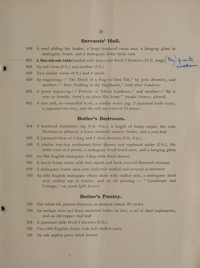 686 687 688 689 690 691 695 696 697 H9S 699 700 39 Servants’ Hall. A steel sliding bar fender, a large bordered cocoa mat, a hanging glass in mahogany frame, and a mahogany 3-tier book rack A fine old oak table banded with brass and fitted 2 drawers (13 ft. long) )( ta) hoki An oak form (8 ft.) and another (5 ft.) Two similar forms (6 ft.) and 2 stools An engraving—‘‘ The Death of a Stag in Glen Tilt,’ by John Bromley, and another—‘‘ Deer Stalking in the Highlands,’’ both after Landseer ) A proof engraving—‘‘ Portrait of Edwin Landseer,’’ and another—‘“‘ Be it ever su humble, there’s no place like home ’’ (maple frames, glazed) A zine pail, an enamelled bowl, a similar water jug, 2 japanned knife aye a japanned tea tray, and the odd tea ware of 15 pieces Butler’s Bedroom. A bordered Axminster rug (5 ft. 9in.), a length of hemp carpet, the cork linoleum as planned, a brass mounted nursery fender, and a coal hod A japanned chest of 3 long and 2 short drawers (3 ft. 6 in.) A similar tray-top washstand fitted drawer and cupboard under (3 ft.), the toilet ware of 6 pieces, a mahogany 3-rail towel airer, and a hanging glass An Old English mahogany 2-flap table fitted drawer A beech frame settee with hair sauab and back covered flowered cretonne A mahogany frame open arm chair hair stuffed and covered in morocco An Old English mahogany elbow chair with stuffed seat, a mahogany stool with stuffed top in leather, and an oil painting — ‘‘ Landscape and Cottage,’’. on panel (gilt frame) : Butler’s Pantry. The inlaid tile pattern linoleum as planned (about 20 yards) An antique wire and brass mounted fender on feet, a set of steel implements, and an old copper coal hod A japanned table fitted 2 drawers (6 ft.) Two Old English chairs with hair stuffed seats An oak napkin press fitted drawer