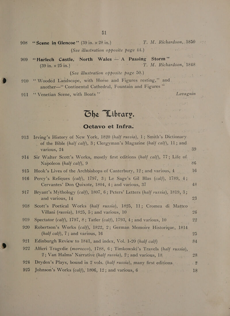 908 909 910 OLE 51 ‘*Scene in Glencoe” (39 in. x 28 in.) T. M. Richardson (See illustration opposite page 44.) a Harlech Castle, North Wales — A ‘Passing Storm” | (49 in. x 20in.)°* ~? oe ‘ie “T. M. Richardson, (See illustration opposite page 50.) ees | ie “ Wooded Landscape, with Horse and Figures resting,”’ ie another—‘‘ Continental Cathedral, Fountain and Figures ”’ Ee “Library. Octavo et Infra. _ various, 24 Napoleon (half calf), 9 ay a Hook’s Lives of the Archbishops of Canterbury, 12; and various, Me  Percy’s Relines (caljyea la 97, 3; Le Sage’s Gil Blas (calf), 1789, 4; Cervantes’ Don Quixote, 1804, 4; and various, 37 and various, 14 Villani (russia), 1825, 5; and various, 10 Spectator (calf), 1797, 8; Tatler (calf), 1793, 4: oad various, 10° (half calf), 7; and various, 16 Edinburgh Review to 1841, and index, Vol. 1-20 (half calf) 2; Van Halms’ Narrative (half PR, 2; and various, 18 | Dryden’ S Plays, bound in 2 vols. (half russia), many first editions... Johnson’ s Works (calf), 1806, 12; and various, 6