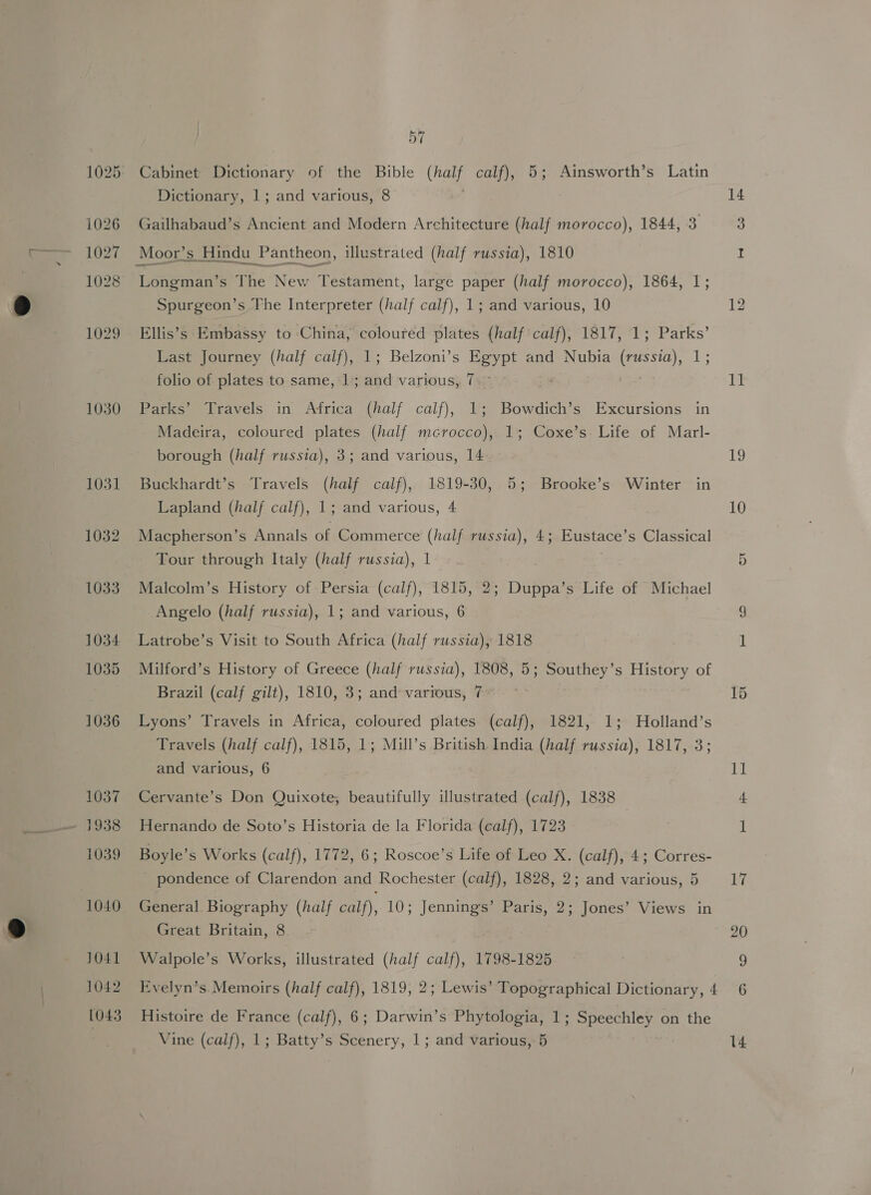 1030 1031 1032 1033 1034 1035 1036 1037 » 1938 1039 1040 1041 1042 L043 57 Cabinet Dictionary of the Bible her calf), 5; Ainsworth’s Latin Dictionary, 1; and various, 8 Gailhabaud’s Ancient and Modern Architecture (half morocco), 1844, 3 Longman’s The New Testament, large paper (half morocco), 1864, 1; Spurgeon’s The Interpreter (half calf), 1; and various, 10 Ellis’s Embassy to China, i. plates {half *calf); 1817, 1; °Parks’ Last Journey (half calf), 1; Belzoni’s Egypt and Nubia (rusia), cu: folio of plates to same, 1; ’ various, 7. Parks’ Travels in Africa (half calf), 1; Bowdich’s Excursions in Madeira, coloured plates (half mcrocco), 1; Coxe’s. Life of Marl- borough (half russia), 3; and various, 14 Buckhardt’s Travels (half calf), 1819-30, 5; Brooke’s Winter in Lapland (half calf), 1; and various, 4 Macpherson’s Annals of Commerce (half russia), 4; Eustace’s Classical Tour through Italy (half russia), 1 Malcolm’s History of Persia (calf), 1815, 2; Duppa’s Life of Michael Angelo (half russia), 1; and various, 6 Latrobe’s Visit to South Africa (half russia), 1818 Milford’s History of Greece (half russia), 1808, 5; Southey’s History of Brazil (calf gilt), 1810, 3; and various, 7 : Lyons’ Travels in Africa, coloured plates (calf), 1821, 1; Holland’s Travels (half calf), 1815, 1; Mill’s British India (half russia), 1817, 3; and various, 6 Cervante’s Don Quixote, beautifully illustrated (calf), 1838 _ Hernando de Soto’s Historia de la Florida (calf), 1723 Boyle’s Works (calf), 1772, 6; Roscoe’s Life of Leo X. (calf), 4; Corres- _ pondence of Clarendon and Rochester (calf), 1828, 2; and various, 5 General Biography (half calf), 10; Jennings’ Paris, 2; Jones’ Views in Great Britain, 8 Walpole’s Works, illustrated (half calf), 1798-1825 Evelyn’s. Memoirs (half calf), 1819, 2; Lewis’ Topographical Dictionary, 4 Histoire de France (calf), 6; Darwin’s Phytologia, 1; Speechley on the 14 12 1] 19 10 Ee 20