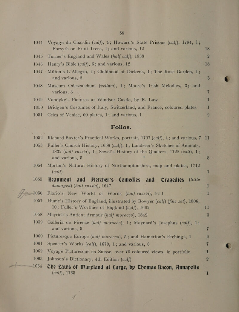 1044 1045 1646 1047 1048 1049 1057 1058 1059 1060 1061 1062 1063 1064 58 Voyage du Chardin (calf), 4; Howard’s State Prisons (calf), 1784, 1; Forsyth on Fruit Trees, 1; and various, 12 18 Turner’s England and Wales (half calf), 1838 | 2 Henry’s Bible (calf), 6; and various, 12 18 Milton’s L’Allegro, 1; Childhood of Dickens, 1; The Rose Garden, 1; and various, 2 . Bb Museum Odescalchum (vellum), 1; Moore’s Irish Melodies, 3; and various, 3 7 Vandyke’s Pictures at Windsor Castle, by E. Law i Bridgen’s Costumes of Italy, Switzerland, and France, coloured plates 1 Cries of Venice, 60 plates, 1; and various, 1 2 Folios. | Richard Baxter’s Practical Works, portrait, 1707 Ganeee and various, 7 11 Fuller’s Church History, 1656 (calf), 1; Landseer’s Sketches of Animals, 1832 (half russia), 1; Sewel’s History of the Quakers, 1722 (calf), 1 and various, 5 ; . 8 Morton’s Natural History of Northamptonshire, map and plates, 1712 (calf) . Beaumont and Fletcher's Comedies and Cragedies (little damaged) (half russia), 1647 1 Florio’s New World of Words (half russia), 1611 1 Hume’s History of England, illustrated by Bowyer (calf) (fine set), 1806, 10; Fuller’s Worthies of England (calf), 1662 11 Meyrick’s Antient Armour (half morocco), 1842 3 Galleria de Firenze (half morocco), 1; Maynard’s Josephus (calf), 1 and various, 5 7 Picturesque Europe (half morocco), 5; and Hamerton’s Etchings, 1 6 Spencer’s Works (calf), 1679, 1; and various, 6 | 7 Voyage Picturesque en Suisse, over 70 coloured views, in portfolio 1 Johnson’s Dictionary, 4th Edition (calf) 2 ah oe oF Maryland at Large, by Thomas Bacon, Annapolis