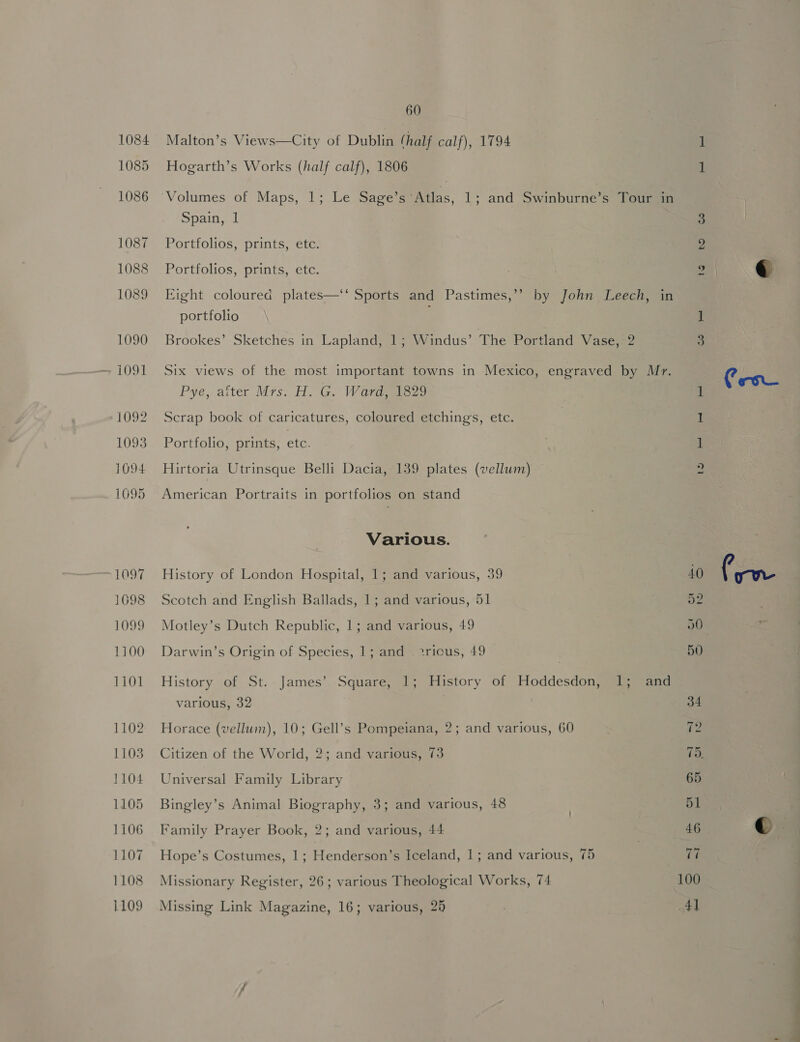 1084 1085 1086 1087 1088 1089 1090 1092 1093 1094 1695 1097 1098 1099 1300 1101 1102 1103 1104 1105 1106 1107 1108 1109 60 Malton’s Views—City of Dublin (half calf), 1794 Hogarth’s Works (half calf), 1806 Spain, 1 Portfolios, prints, etc. Portfolios, prints, etc. portfolio Pye, aiter Mrs. H.-G. 'Warygeeecg Scrap book of caricatures, coloured etchings, etc. Portfolio, prints, etc. Hirtoria Utrinsque Belli Dacia, 139 plates (vellum) American Portraits in portfolios on stand Various. History of London Hospital, 1; and various, 39 Scotch and English Ballads, 1; and various, 51 Motley’s Dutch Republic, 1; and various, 49 Darwin’s Origin of Species, 1; and 2ricus, 49 various, 32 Horace (vellum), 10; Gell’s Pompeiana, 2; and various, 60 Citizen of the World, 2; and various, 73 Universal Family Library Bingley’s Animal Biography, 3; and various, 48 Family Prayer Book, 2; and various, 44 Hope’s Costumes, 1; Fenda Iceland, 1; and various, 75 Missionary Register, 26; various Theological Works, 74 Missing Link Magazine, 16; various, 25 ae to 100 4]  Crow