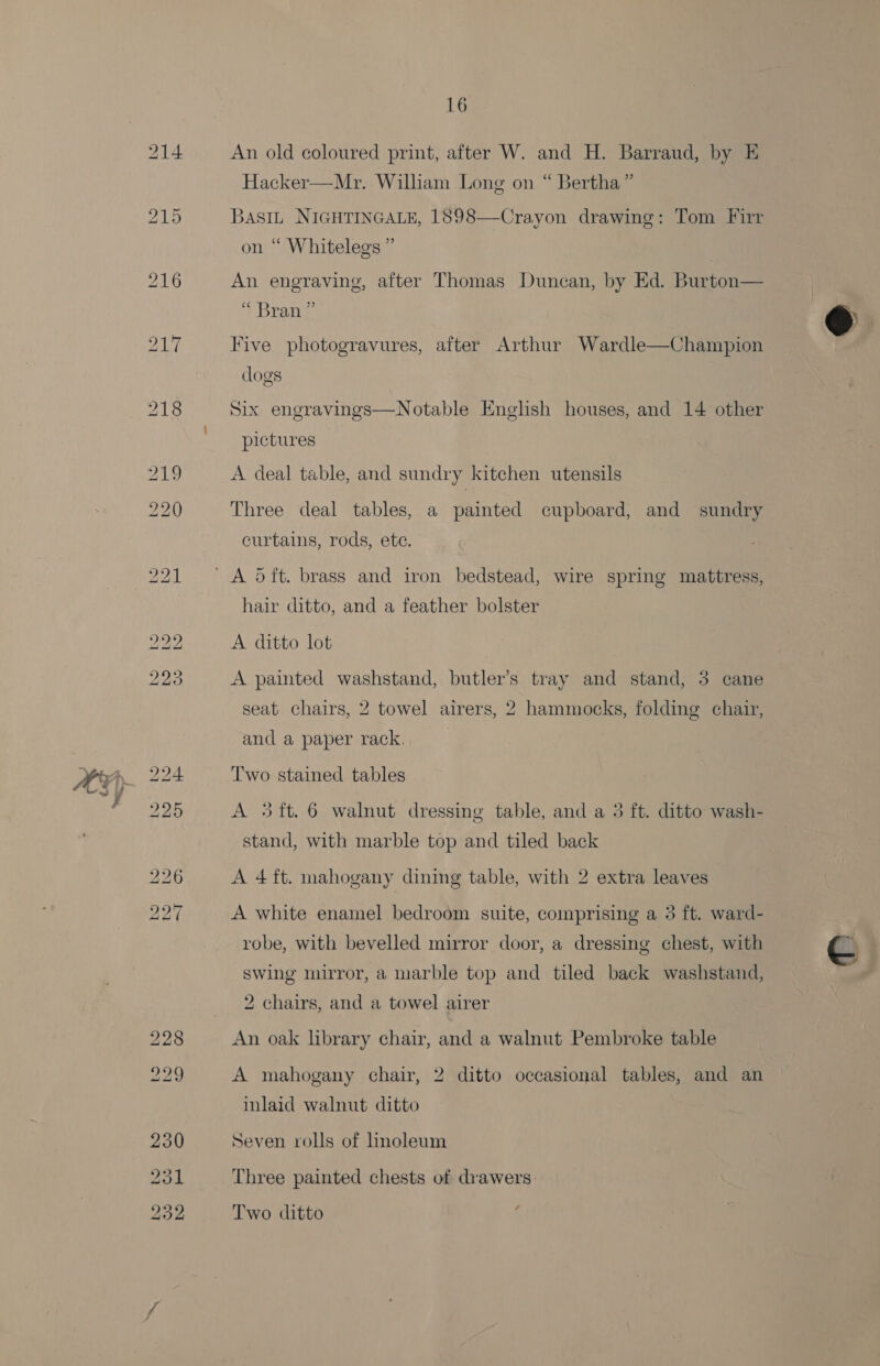 An old coloured print, after W. and H. Barraud, by E Hacker—Mr. Wilham Long on “ Bertha” BASIL NIGHTINGALE, 1898—Crayon drawing: Tom Firr on “ Whitelegs ” } An engraving, after Thomas Duncan, by Ed. Burton— Bran Five photogravures, after Arthur Wardle—Champion dogs Six engravings—Notable English houses, and 14 other pictures A deal table, and sundry kitchen utensils Three deal tables, a painted cupboard, and sundry curtains, rods, ete. hair ditto, and a feather bolster A ditto lot A painted washstand, butler’s tray and stand, 3 cane seat chairs, 2 towel airers, 2 hammocks, folding chair, and a paper rack, Two stained tables A 3ift.6 walnut dressing table, and a 5 ft. ditto wash- stand, with marble top and tiled back A 4ft. mahogany dining table, with 2 extra leaves A white enamel bedroom suite, comprising a 3 ft. ward- robe, with bevelled mirror door, a dressing chest, with swing mirror, a marble top and tiled back washstand, 2 chairs, and a towel airer An oak library chair, and a walnut Pembroke table A mahogany chair, 2 ditto occasional tables, and an inlaid walnut ditto Seven rolls of linoleum Three painted chests of drawers: Two ditto 