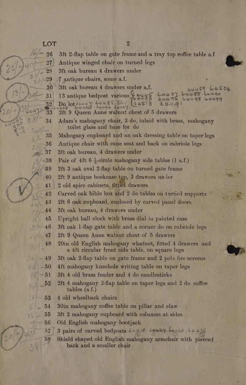 ~— ~~“ 26 = 3ft 2-flap table on gate frame and a tray top coffee table a.f eS 'S rat 27 Antique winged chair on turned legs ! , LY! J “7, 28 3ft oak bureau 4 drawers under Niet “./.'.29 7 antique chairs, some a.f. . f vi Ale man 30° 3ft oak bureau 4 drawers under af. ; : buus4 bes Ok. be fi Fi 3 ; ty. 3 L.A. HH GO it dos 8 31 13 antique bedpost various “ipa ae’ Cus ae Haas Yar. Oe 32 Do lotsuwyy- Cease. 56. Ut 4s iE 6u-y.q re. \4.0) Boilyacg CH4lS: boule buulsz, MDD} - pS ee ways 33. 2ft 9 Queen Anne walnut chest of 5 oe era ac 2 34 Adam’s mahogany chair, 2 do, inlaid with brass, mahogany gi De ° ; toilet glass and base for do a _ 35 Mahogany cupboard and an oak dressing table on taper legs 36 Antique chair with cane seat and back on cabriole legs wel. 37 3ft oak bureau, 4 drawers under 38 Pair of 4ft 6 4-circle mahogany side tables (1 a.f.) 39 2ft 3 oak oval 2-flap table on turned gate frame  40 2ft 9 antique bookcase top, 3 drawers un ler ™ 41 2 old spice cabinets, net drawers . oe | 42 Carved oak bible box and 2 do tables on turned supports a e ys 43 2ft 6 oak cupboard, enclosed by carved panel doors 44 3ft oak bureau, 4 drawers under 45 Upright hall clock with brass dial in painted case 46 3ft oak 1-flap gate table and a corner do on eabriole legs 47 2ft 9 Queen Anne walnut chest of 5 drawers 48 20in old English mahogany whatnot, fitted 4 drawers and . a 4ft circular front side table , On square legs -49 3ft oak 2-flap table on gate frame and 2 pole fire screens © 50 4ft mahogany kneehole writing table on taper legs ~51 3ft 4 old brass fender and 4 do candlesticks 62 2ft 4 mahogany 2-flap table on taper legs and 2 do coffee tables (a.f.) 53 4 old wheelback chairs _ 54 30in mahogany coffee table on pillar and claw 55 3ft 2 mahogany cupbeard with columns at sides 56 Old English mahogany bootjack 57 | 3 pairs of carved bedposts ¢ + HIE. (We DRY. byure. 6 4-U aay fee 58 Shield shaped old English mahogany armchair with pierced ae > &amp; back and a smaller chair 