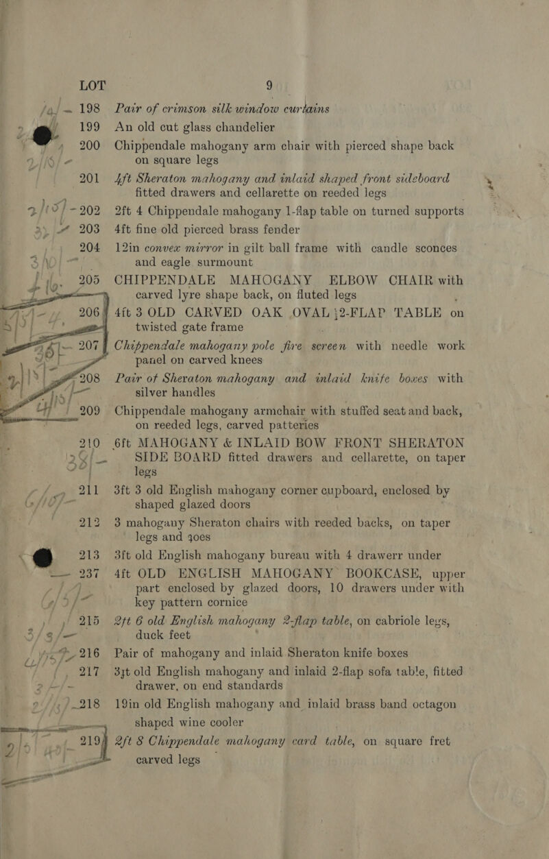 /4. « 198 Pair of crimson silk Meese curtains “ e 199 An old cut glass chandelier ’ » 200 Chippendale mahogany arm chair with pierced shape back 2 on square legs 201 4f/t Sheraton mahogany and wnlatd shaped front sideboard fitted drawers and cellarette on reeded legs 1°/-202 2ft 4 Chippendale mahogany 1-flap table on turned supports 203 4ft fine old pierced brass fender 204 12in convex mirror in gilt ball frame with candle sconces : and eagle. surmount CHIPPENDALE MAHOGANY ELBOW CHAIR with carved lyre shape back, on fluted legs 4 4ft 3 OLD CARVED OAK OVAL :2-FLAP TABLE on twisted gate frame _» Chippendale mahogany pole fire sereen with needle work panel on carved knees Pair of Sheraton mahogany and inlaid knife boxes with silver handles Chippendale mahogany arnigHabe with stuffed seat and back, on reeded legs, carved patteries 10 6ft MAHOGANY &amp; INLAID BOW FRONT SHERATON raed fea SIDE BOARD fitted drawers and cellarette, on taper ee - Tegs  211 3ft 3 old English mahogany corner cupboard, enclosed by shaped glazed doors 212 3 mahogany Sheraton chairs with reeded backs, on taper legs and 4oes 4 ay 213 3ft old English mahogany bureau with 4 drawerr under — 237 4ft OLD ENGLISH MAHOGANY BOOKCASE, upper Pad fed fr part enclosed by glazed doors, 10 drawers under with ef If° key pattern cornice / )/ 215 2f¢t 6 old English mahogany 2-flap table, on cabriole legs S/— duck feet 216 Pair of mahogany and inlaid Sheraton knife boxes 217 3ytold English mahogany and inlaid 2-flap sofa table, fitted 2-/- drawer, on end standards 218 19in old English mahogany and inlaid brass band octagon lena shaped wine cooler RR pen sme Fat l, re fe ao} #7 8 Chippendale mahogany card ashe on square fret . carved legs TP al