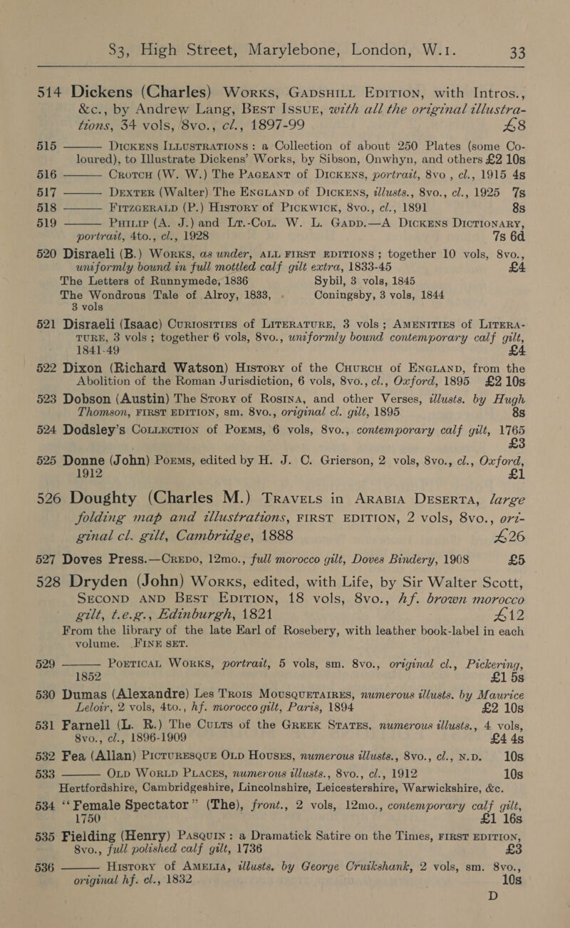  514 Dickens (Charles) Works, Gapsuitt Epition, with Intros., &amp;c., by Andrew Lang, Best ISSUE, wth all the original tllustra- tions, 34 vols, 8vo., cl., 1897-99 8     515 Dickens ILLUSTRATIONS: a Collection of about 250 Plates (some Co- loured), to Illustrate Dickens’ Works, by Sibson, Onwhyn, and others £2 10s 516 Crotcu (W. W.) The Pacnant of DickENs, portrazt, 8vo , cl., 1915 4s 517 ——— Dexter (Walter) The ENGLAND of DicKEns, zllusts., 8vo., cl., 1925 Ts 518 FITZGERALD (P.) History of Pickwick, 8vo., cl., 1891 8s 519 Puiuip (A. J.) and Lt.-Cot. W. L. Gapp.—A Dickens Dictionary, portrart, 4to., cl., 1928 7s 6d 520 Disraeli (B.) Works, as under, ALL FIRST EDITIONS ; together 10 vols, 8vo., uniformly bound in full mottled calf gilt extra, 1833-45 The Letters of Runnymede, 1836 Sybil, 3 vols, 1845 The Wondrous Tale of Alroy, 1833, . Coningsby, 3 vols, 1844 3 vols 521 Disraeli (Isaac) Currosities of LireRatTuRE, 3 vols; AMENITIES of LiITERA- TURE, 3 vols ; together 6 vols, 8vo., unzformly bound contemporary calf gilt, 1841-49 £4 522 Dixon (Richard Watson) History of the Cuurcu of ENGLAND, from the Abolition of the Roman Jurisdiction, 6 vols, 8vo., cl., Oxford, 1895 £210s 523 Dobson (Austin) The Story of Rosrna, and other Verses, zlusts. by Hugh Thomson, FIRST EDITION, sm. 8vo., original cl. gilt, 1895 8s 524 Dodsley’s Coniection of Poms, 6 vols, 8vo., contemporary calf gilt, 1765 £3 525 Donne (J ohn) Porms, edited by H. J. C. Grierson, 2 vols, 8vo., cl., Oxford, 1912 £1 526 Doughty (Charles M.) Travers in Arasia Deserta, large jolding map and tllustrations, FIRST EDITION, 2 vols, 8vo., orz- ginal cl. gilt, Cambridge, 1888 £26 527 Doves Press.—OreEpo, 12mo., full morocco gilt, Doves Bindery, 1908 £5 528 Dryden (John) Works, edited, with Life, by Sir Walter Scott, SECOND AND Best EpirTion, 18 vols, 8vo., hf. brown morocco gilt, t.e.g., Edinburgh, 1821 AAD From the library of the late Earl of Rosebery, with leather book-label in each volume. FINE SET.  529 PoreticAL WORKS, portrast, 5 vols, sm. 8vo., original cl., Pickering, 1852 £1 5s 530 Dumas (Alexandre) Les Trois Movsquetarrus, numerous illusts. by Maurice Leloir, 2 vols, 4to., Af. morocco gilt, Paris, 1894 £2 10s 531 Farnell (L. R.) The Cuts of the Greek States, numerous illusts., 4 vols, 8vo., cl., 1896-1909 £4 4g 532 Fea (Allan) Picrursesqus Oup Hovusss, numerous illusts., 8vo., cl., N.D. 10s 533 Otp WoRLD PLACES, numerous tllusts., 8vo., cl., 1912 10s  Hertfordshire, Cambridgeshire, Lincolnshire, Leicestershire, Warwickshire, &amp;c. 534 ‘‘Female Spectator” (The), front., 2 vols, 12mo., contemporary calf gilt, 1750 £1 16s 535 Fielding (Henry) Pasquiy: a Dramatick Satire on the Times, FIRST EDITION, 8vo., full poleshed calf gilt, 1736 £3 History of AmeEstiéA, dllusts, by George Cruikshank, 2 vols, sm. 8vo., original hf. el., 1832 10s D 536 