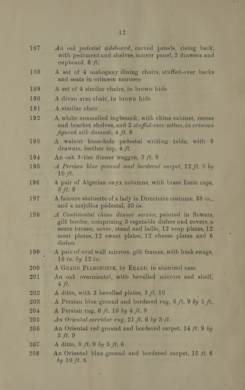 187 188 189 190 Lod 192 193 194 195 196 197 198 200 201 202 203 204 205 206 207 208 12 An oak pedestal sideboard, carved panels, rising back, with pediment and shelves, mirror panel, 2 drawers and cupboard, 6 /¢. A set of 4 mahogany dining chairs, stuffed-over backs and seats in crimson morocco A. set of 4 similar chairs, in brown hide A divan arm chair, in brown hide A similar chair A white enamelled inglenook, with china cabinet, recess and bracket shelves, and 2 stwjffed-over settees, in crimson jigured silk damask, 4 ft. 6 A walnut knee-hole pedestal writing table, with 9 drawers, leather top, 4 /¢. An oak 3-tier dinner waggon, 3 /t. 9 A Persian blue ground and bordered carpet, 12 ft. 9 by HO Ba, A pair of Algerian onyx columns, with brass Ionic caps, 3 ft. 8 A faience statuette of a lady in Directoire costume, 38 2n., and a majolica pedestal, 33 in. A Continental china dinner service, painted in flowers, gilt border, comprising 3 vegetable dishes and covers, a sauce tureen, cover, stand and ladle, 12 soup plates, 12 meat plates, 12 sweet plates, 12 cheese plates and 6 dishes A pair of oval wall mirrors, gilt frames, with husk swags, 18 an. by 12 in. A GRAND PIANOFORTE, by ERARD, in ebonized case An oak overmantel, with bevelled mirrors and shelf, 4 ft. | A ditto, with 3 bevelled plates, 3 /¢. 10 A Persian blue ground and bordered rug, 8 ft. 9 by 5 ft. A Persian rug, 6 ft. 10 by 4 /t. 8 An Oriental corridor rug, 21 ft. 6 by 3 ft. An Oriental red Sy aud bordered carpet, 14 ft. 9 by 5 ft. 9 A ditto, 8 ft. 9 by 5 ft. 6 An Oriental blue ground and bordered pacidt: 15 ft. 6