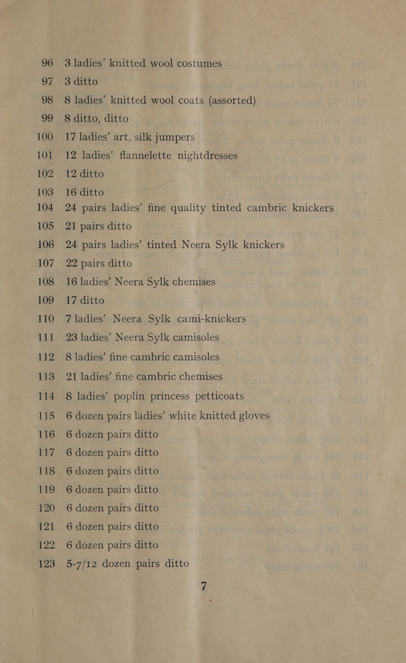 96 97 98 99 100 101 102 103 104 105 106 107 108 109 110 ji ea 112 113 114 115 116 ERT 118 al gay 120 121 122 123 3 ladies’ knitted wool costumes 3 ditto 8 ladies’ knitted wool coats (assorted) 8 ditto, ditto | 17 ladies’ art. silk jumpers 12 ladies’ flannelette nightdresses 12, ditto 16 ditto 24 pairs ladies’ fine quality tinted cambric knickers 21 pairs ditto 24 pairs ladies’ tinted Neera Sylk knickers 22 pairs ditto : 16 ladies’ Neera Sylk chemises 17 ditto 7 ladies’ Neera Sylk cami-knickers 23 ladies’ Neera Sylk camisoles 8 ladies’ fine cambric camisoles 21 ladies’ fine cambric chemises 8 ladies’ poplin princess petticoats 6 dozen pairs ladies’ white knitted gloves 6 dozen pairs ditto 6 dozen pairs ditto 6 dozen pairs ditto 6 dozen pairs ditto 6 dozen pairs ditto 6 dozen pairs ditto 6 dozen pairs ditto 5-7/12 dozen pairs ditto