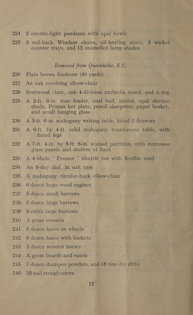 224 225 226 227 228 229 230 231 232 2 electric-light pendants with opal bowls 3 rail-back Windsor chairs, oil-heating stove, 3 wicker counter trays, and 12 enamelled lamp shades Removed from Queenithe, E.C. Plain brown linoleum (40 yards) An oak revolving elbow-chair Bentwood chair, oak 4-division umbrella stand, and a rug A 2-ft. 6-in. iron fender, coal hod, shovel, opal electric . shade, Primus hot plate, pencil sharpener, paper basket, and small hanging glass A 3-ft. 6-in. mahogany writing table, fitted 2 drawers A 6-ft. by 4-ft. solid mahogany board-room table, with fluted legs A 7-{t. 4-in. by 5-ft. 8-in. stained partition, with muranese glass panels and shelves at back A 4-blade “‘ Freezor ’’ electric fan with flexible cord An 8-day dial, in oak case A mahogany circular-back elbow-chair 6 dozen large wood engines 3 dozen small barrows 2 dozen large barrows 3 extra large barrows A gross mosaics 6 dozen hares on wheels 6 dozen hares with baskets 3 dozen wooden horses A gross boards and easels 7 dozen shampoo powders, and 18 tins dry ditto 35 nail straighteners ( 12% at