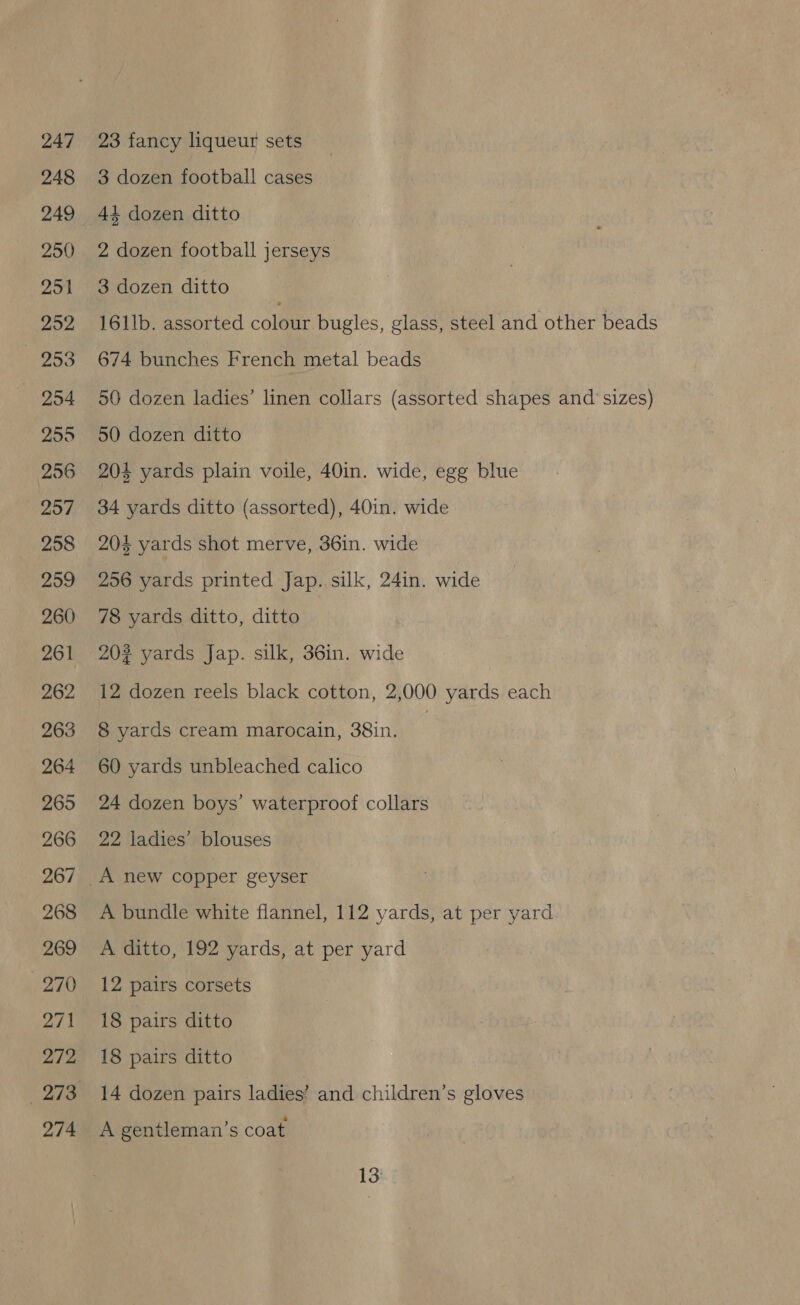 23 fancy liqueur sets 3 dozen football cases 2 dozen football jerseys 3 dozen ditto 1611b. assorted coleer bugles, glass, steel and other beads 674 bunches French metal beads 50 dozen ladies’ linen collars (assorted shapes and sizes) 50 dozen ditto 204 yards plain voile, 40in. wide, egg blue 34 yards ditto (assorted), 40in. wide 204 yards shot merve, 36in. wide 256 yards printed Jap. silk, 24in. wide 78 yards ditto, ditto 20? yards Jap. silk, 36in. wide 12 dozen reels black cotton, 2,000 yards each 8 yards cream marocain, 38in. | 60 yards unbleached calico 24 dozen boys’ waterproof collars 22 ladies’ blouses A bundle white flannel, 112 yards, at per yard A ditto, 192 yards, at per yard 12 pairs corsets 18 pairs ditto 18 pairs ditto 14 dozen pairs ladies’ and children’s gloves A gentleman’s coat 13°