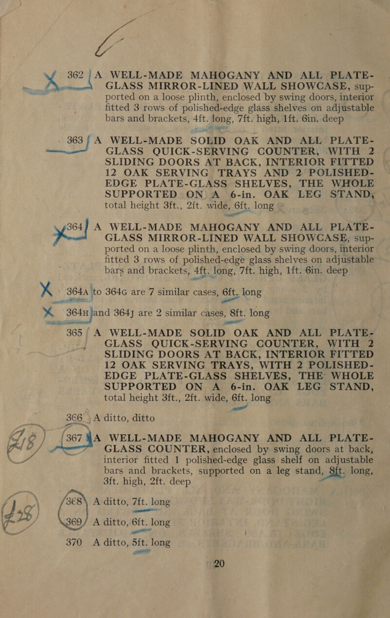 wo . a ¥, X 362 | A WELL-MADE MAHOGANY AND ALL PLATE- aa! GLASS MIRROR-LINED WALL SHOWCASE, sup- ported on a loose plinth, enclosed by swing doors, interior fitted 3 rows of polished-edge glass shelves on adjustable bars and brackets, 4ft. fone, 7ft. high, 1ft. Gin. deep 363 | A WELL-MADE SOLID OAK AND ALL PLATE- GLASS QUICK-SERVING COUNTER, WITH 2 SLIDING DOORS AT BACK, INTERIOR FITTED 12 OAK SERVING TRAYS AND 2. POLISHED- EDGE PLATE-GLASS SHELVES, THE WHOLE SUPPORTED ON A 6-in. OAK LEG STAND, total height 3ft., 2ft. wide, es _ long » 3647 A WELL-MADE MAHOGANY AND ALL PLATE- GLASS MIRROR-LINED WALL SHOWCASE, sup- ported on a loose plinth, enclosed by swing doors, interior fitted 3 rows of polished-edge glass shelves on adjustable bars and brackets, Aft. long, 7ft. high, 1ft. 6in. wi: % one ‘to 364G are 7 similar cases, oA long x 36 An jand 364]j are 2 similar cases, st long Ppt tea bob 26, 365 A WELL-MADE SOLID OAK AND ALL PLATE- | GLASS QUICK-SERVING COUNTER, WITH 2 SLIDING DOORS AT BACK, INTERIOR FITTED 12 OAK SERVING TRAYS, WITH 2 POLISHED- EDGE PLATE-GLASS SHELVES, THE WHOLE SUPPORTED ON A 6-in. OAK LEG STAND, total height 3ft., 2ft. wide, 6ft. long atl 366. A ditto, ditto A WELL-MADE MAHOGANY AND ALL PLATE- wor” GLASS COUNTER, enclosed by swing doors at back, 7 interior fitted 1 polished-edge glass shelf on adjustable bars and brackets, supported on a leg stand 1 Sit long, 3ft. high, 2ft. deep  \, A ditto, 7ft. long conan _ A ditto, 6ft. long PT al  A ditto, 5ft. long AERO