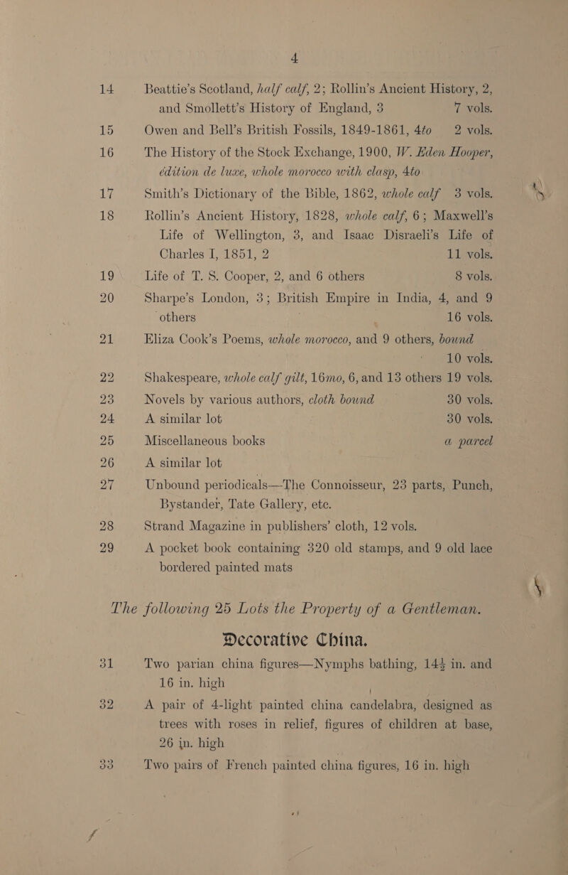 Oo 4 14 Beattie’s Scotland, half calf, 2; Rollin’s Ancient History, 2, and Smollett’s History of England, 3 7 vols. 15 Owen and Bell’s British Fossils, 1849-1861, 40 2 vols. 16 The History of the Stock Exchange, 1900, W. Hden Hooper, édition de luxe, whole morocco with clasp, 4to Lie Smith’s Dictionary of the Bible, 1862, whole calf 3 vols. 18 Rollin’s Ancient History, 1828, whole calf, 6; Maxwell's Life of Wellington, 3, and Isaac Disraeli’s Life of 19 UV n as fay age (WE heh Cooper, 2, and 6 others | 8 vols, 20 Sharpe’s London, 3; British Empire in India, 4, and 9 2a Eliza Cook’s Poems, whole morocco, and 9 others, bownd 10 vols. 22 Shakespeare, whole calf gilt, 16mo, 6, and 15 others 19 vols. 23 Novels by various authors, cloth bound 30 vols. 24 A similar lot | 30 vols. 25 Miscellaneous books a parcel 6 A similar lot 27 Unbound periodicals—The Connoisseur, 23 parts, Punch, Bystander, Tate Gallery, ete. 8 Strand Magazine in publishers’ cloth, 12 vols. 29 A pocket book containing 320 old stamps, and 9 old lace bordered painted mats The following 25 Lots the Property of a Gentleman. Decorative China. OL Two parian china figures—Nymphs bathing, 145 in. and 16 in. high | 2 A pair of 4-light painted china candelabra, designed as trees with roses in relief, figures of children at base, 26 qn. high Two pairs of French painted china figures, 16 in. high Gs