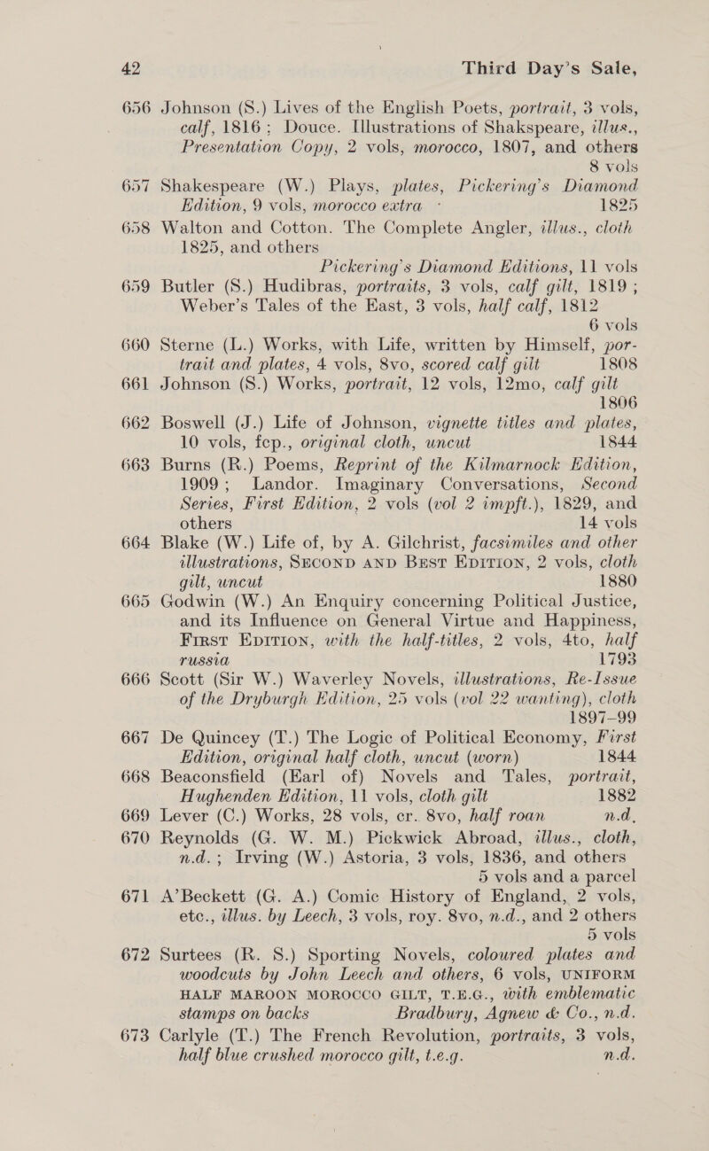 656 657 658 659 660 661 662 663 664 665 666 667 668 669 670 671 672 673 Johnson (S8.) Lives of the English Poets, portrait, 3 vols, calf, 1816; Douce. Illustrations of Shakspeare, ilus., Presentation Copy, 2 vols, morocco, 1807, and others 8 vols Shakespeare (W.) Plays, plates, Pickering’s Diamond Edition, 9 vols, morocco extra ° 1825 Walton and Cotton. The Complete Angler, allus., cloth 1825, and others Pickering’s Diamond Editions, 11 vols Butler (S.) Hudibras, portraits, 3 vols, calf gilt, 1819 ; Weber’s Tales of the East, 3 vols, half calf, 1812 6 vols Sterne (L.) Works, with Life, written by Himself, por- trait and plates, 4 vols, 8vo, scored calf gilt 1808 Johnson (8.) Works, portrait, 12 vols, 12mo, calf gilt 1806 Boswell (J.) Life of Johnson, vignette titles and plates, 10 vols, fep., original cloth, uncut 1844 Burns (R.) Poems, Reprint of the Kilmarnock Edition, 1909; Landor. Imaginary Conversations, Second Series, First Edition, 2 vols (vol 2 impft.), 1829, and others 14 vols Blake (W.) Life of, by A. Gilchrist, facsimiles and other illustrations, SECOND AND Brst Epition, 2 vols, cloth gilt, uncut 1880 Godwin (W.) An Enquiry concerning Political Justice, and its Influence on General Virtue and Happiness, First Epirion, with the half-titles, 2 vols, 4to, half TUSSI 1793 Scott (Sir W.) Waverley Novels, dlustrations, Re-Issue of the Dryburgh Edition, 25 vols (vol 22 wanting), cloth 1897-99 De Quincey (T.) The Logic of Political Economy, First Edition, original half cloth, uncut (worn) 1844 Beaconsfield (Earl of) Novels and Tales, portrait, Hughenden Edition, 11 vols, cloth gilt 1882 Lever (C.) Works, 28 vols, cr. 8vo, half roan n.d, Reynolds (G. W. M.) Pickwick Abroad, illus., cloth, n.d.; Irving (W.) Astoria, 3 vols, 1836, and others 5 vols and a parcel A’Beckett (G. A.) Comic History of England, 2 vols, etc., illus. by Leech, 3 vols, roy. 8vo, n.d., and 2 others 5 vols Surtees (R. S.) Sporting Novels, coloured plates and woodcuts by John Leech and others, 6 vols, UNIFORM HALF MAROON MOROCCO GILT, T.E.G., with emblematic stamps on backs Bradbury, Agnew &amp; Co., n.d. Carlyle (T.) The French Revolution, portraits, 3 vols, half blue crushed morocco gilt, t.e.g. n.d.