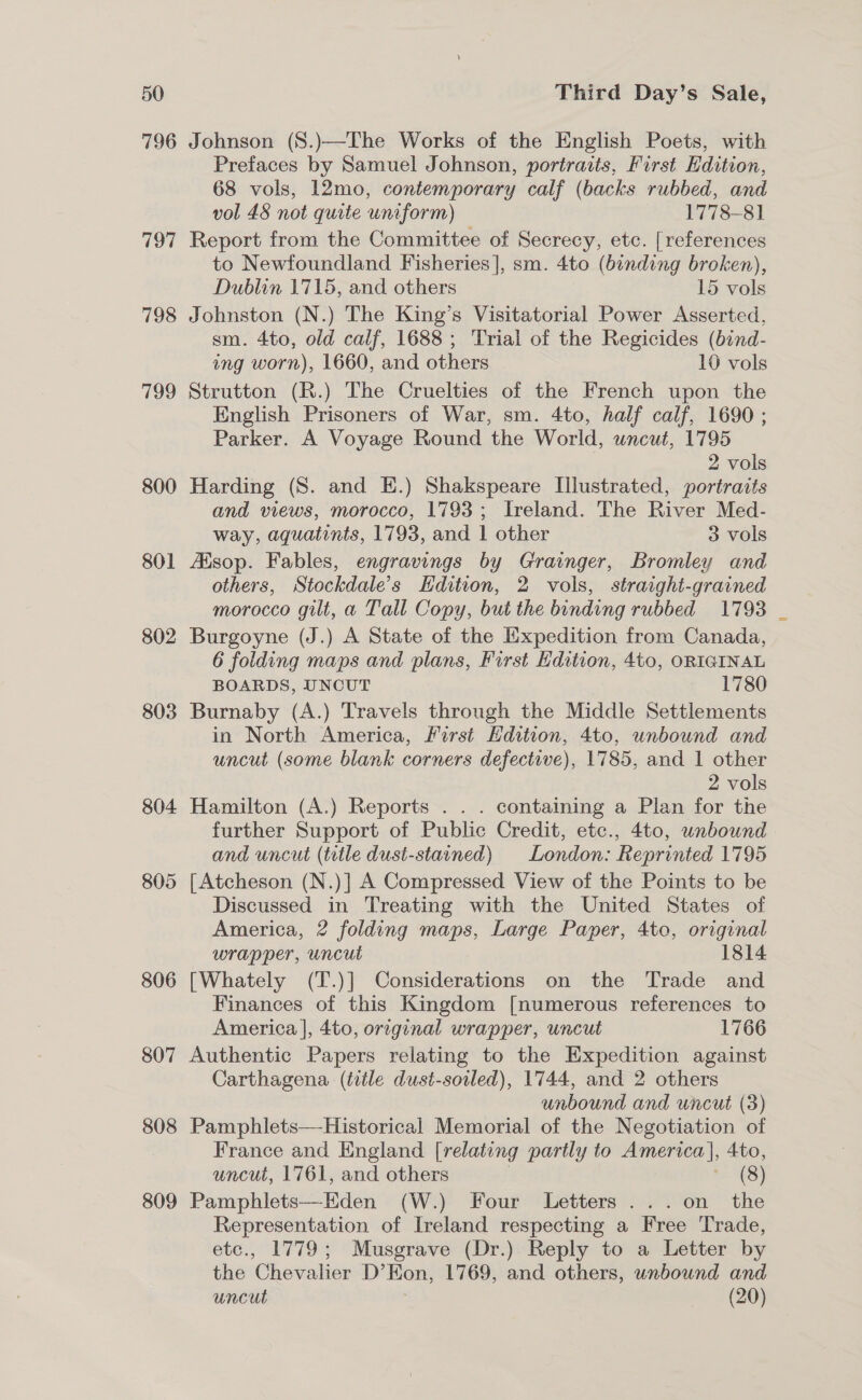 796 797 798 799 800 801 802 803 804 805 806 807 808 809 Johnson (S.)—The Works of the English Poets, with Prefaces by Samuel Johnson, portraits, First Edition, 68 vols, 12mo, contemporary calf (backs rubbed, and vol 48 not quite uniform) 1778-81 Report from the Committee of Secrecy, etc. [references to Newfoundland Fisheries], sm. 4to (binding broken), Dublin 1715, and others 15 vols Johnston (N.) The King’s Visitatorial Power Asserted, sm. 4to, old calf, 1688; Trial of the Regicides (bind- ing worn), 1660, and others 10 vols Strutton (R.) The Cruelties of the French upon the English Prisoners of War, sm. 4to, half calf, 1690 ; Parker. A Voyage Round the World, uncut, 1795 2 vols Harding (S. and E.) Shakspeare Illustrated, portraits and views, morocco, 1793; Ireland. The River Med- way, aguatints, 1793, and 1 other 3 vols Aisop. Fables, engravings by Grainger, Bromley and others, Stockdale's Edition, 2 vols, straight-grained morocco gilt, a Tall Copy, but the binding rubbed 1793 Burgoyne (J.) A State of the Expedition from Canada, 6 folding maps and plans, First Hdition, 4to, ORIGINAL BOARDS, UNCUT 1780 Burnaby (A.) Travels through the Middle Settlements in North America, First Edition, 4to, unbound and uncut (some blank corners defective), 1785, and 1 other 2 vols Hamilton (A.) Reports . . . containing a Plan for the further Support of Public Credit, etc., 4to, unbound and uncut (title dust-stained) London: Reprinted 1795 [Atcheson (N.)] A Compressed View of the Points to be Discussed in Treating with the United States of America, 2 folding maps, Large Paper, 4to, original wrapper, uncut 1814 [Whately (T.)] Considerations on the Trade and Finances of this Kingdom [numerous references to America |, 4to, original wrapper, uncut 1766 Authentic Papers relating to the Expedition against Carthagena (title dust-soiled), 1744, and 2 others unbound and uncut (3) Pamphlets—Historical Memorial of the Negotiation of France and England [relating parily to America, Ato, uncut, 1761, and others (8) Pamphlets—Eden (W.) Four Letters ...on_ the Representation of Ireland respecting a Free Trade, etc., 1779; Musgrave (Dr.) Reply to a Letter by the ‘Chevalier Ly’ Hon, 1769, and others, unbound and uncut (20)