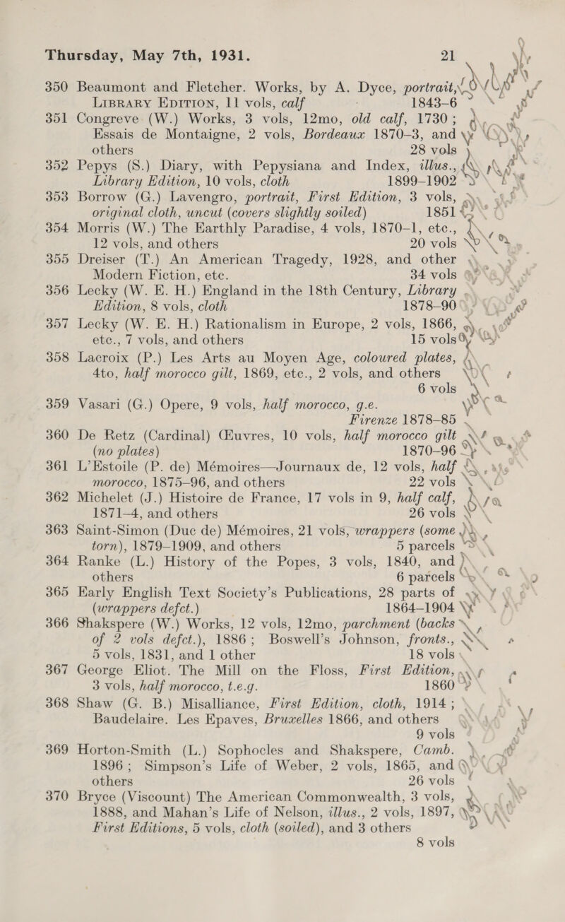 Vt f BN) 350 Beaumont and Fletcher. Works, by A. Dyce; curiae i SP LisraRy Eprirron, 11 vols, calf 143-6 &gt; °X ib 351 Congreve (W.) Works, 3 vols, 12mo, old calf, 1730; dy rh, Essais de Montaigne, 2 vols, Bordeaux 1870-3, and \} Oa Thursday, May 7th, 1931. 21 \hy 4 others 28 vols ), 352 Pepys (S.) Diary, with Pepysiana and Index, illus., bay Inbrary Edition, 10 vols, cloth 1899- 1902 353 Borrow (G.) Lavengro, portrait, First Edition, 3 vols, \. original cloth, uncut (covers slightly soiled) 185142 6 354 Morris (W.) The Earthly Paradise, 4 vols, 1870-1, etc., ve ‘ 12 vols, and others 20 mor a cae % 355 Dreiser (T.) An American Tragedy, 1928, and other , Modern Fiction, etc. 34 vols Q&gt; 356 Lecky (W. E. H.) England in the 18th Century, Library . wv Edition, 8 vols, cloth 1878-904 Vy vd 357 Lecky (W. E. H.) Rationalism in Europe, 2 vols, 1866, 9 ol etc., 7 vols, and others 15 vols 358 Lacroix (P.) Les Arts au Moyen Age, colowred plates, (\ _ 4to, half morocco gilt, 1869, etc., 2 vols, and others uw 4 6 vols AN ae 359 Vasari (G.) Opere, 9 vols, half morocco, g.e. vy. Firenze 1878-85 ~ 360 De Retz (Cardinal) CEuvres, 10 vols, half morocco gilt ow 9 (no plates) 1870-96 Y a 361 L’Estoile (P. de) Mémoires—Journaux de, 12 vols, half {\ , 9), morocco, 1875-96, and others 22 vols \ &gt; 362 Michelet (J. ) Histoire de France, 17 vols in 9, half calf, 1871—4, and others 26 vols eX : 363 Saint- Sinton (Duc de) Mémoires, 21 vols, wrappers (some) , torn), 1879-1909, and others 5 parcels 364 Ranke (L.) History of the Popes, 3 vols, 1840, and ) \\ | others 6 parcels “\ 7 ) 365 Early English Text Society’s Publications, 28 parts of \ y of (wrappers defct.) 1864-1904 er \ 7 366 Shakspere (W.) Works, 12 vols, 12mo, parchment (backs \ of 2 vols defct.), 1886 ; Boswell’s Johnson, fronts., SQ « 5 vols, 1831, eid 1 Other 18 Se 367 George Eliot. The Mill on the Floss, First Edition, . aN 3 vols, half morocco, t.e.g. 1860 ~ ; 368 Shaw (G. B.) Misalliance, First Edition, cloth, 1914 ; Baudelaire. Les Epaves, Bruxelles 1866, and others 4 9 vols 369 Horton-Smith (L.) Sophocles and Shakspere, Camb. ) 1896 ; Simpson’s Life of Weber, 2 vols, 1865, and others 26 vols £ 370 Bryce (Viscount) The American Commonwealth, 3 vols, J 1888, and Mahan’s Life of Nelson, illus., 2 vols, 1897, \~ First Editions, 5 vols, cloth (soiled), and 3 others D \