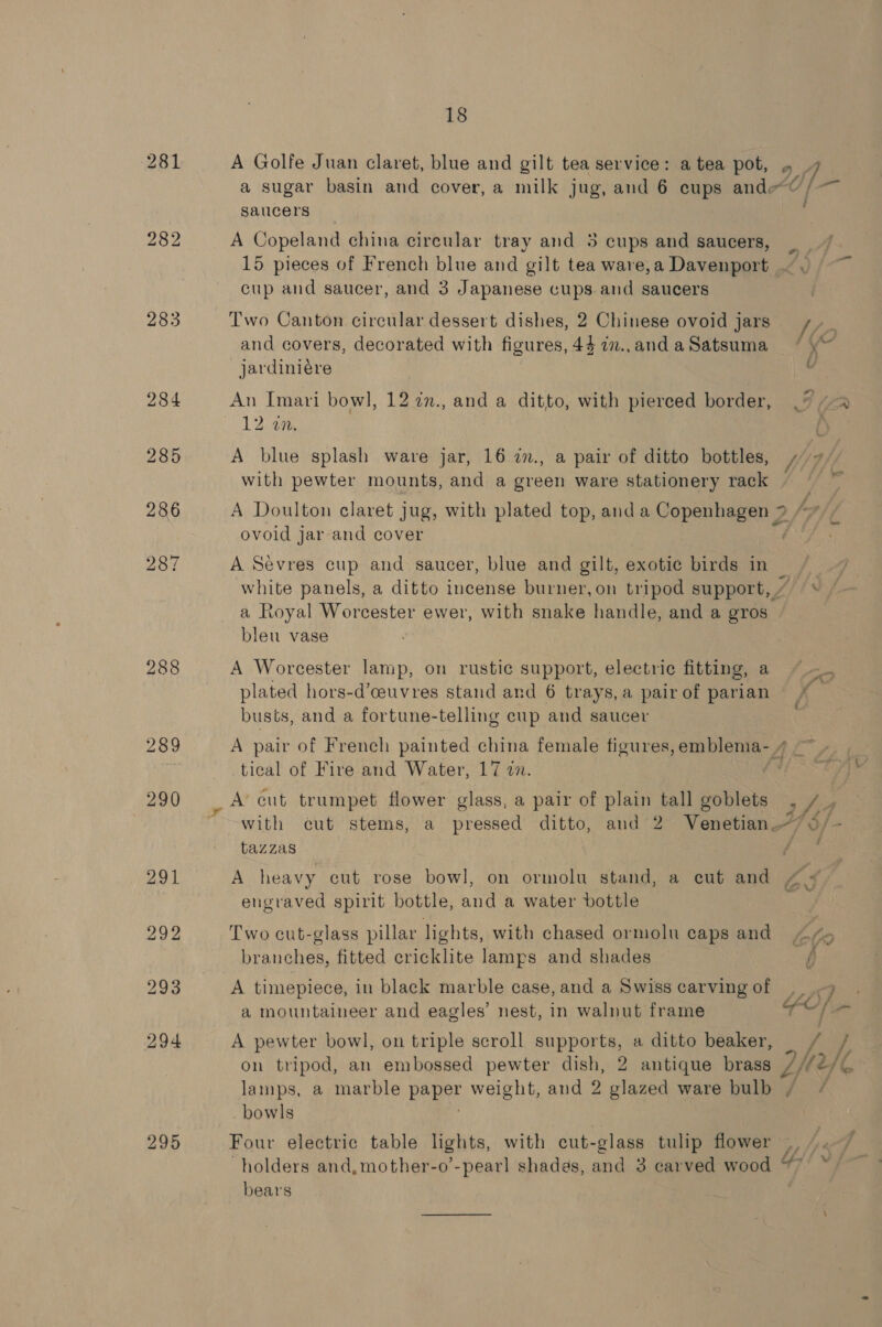 283 284 285 286 287 288 289 290 18 A Golfe Juan claret, blue and gilt tea service: a tea pot, a sugar basin and cover, a milk jug, and 6 cups and@ saucers A Copeland china circular tray and 5 cups and saucers, cup and saucer, and 3 Japanese cups.and saucers Two Canton circular dessert dishes, 2 Chinese ovoid jars and covers, decorated with figures, 44 7n., and a Satsuma jardiniére An Imari bowl, 12 7n., and a ditto, with pierced border, 12495, A blue splash ware jar, 16 in., a pair of ditto bottles, with pewter mounts, and a green ware stationery rack A Doulton claret jug, with plated top, anda Copenhagen 2 ovoid jar and cover A Sevres cup and saucer, blue and gilt, exotic birds in white panels, a ditto incense burner, on tripod support, / a Royal Worcester ewer, with snake handle, and a gros bleu vase A Worcester lamp, on rustic support, electric fitting, a plated hors-d’ceuvres stand and 6 trays, a pair of parian busts, and a fortune-telling cup and saucer tical of Fire and Water, 17 in. A’ cut trumpet flower glass, a pair of plain tall goblets tazzas A heavy cut rose bowl, on ormolu stand, a cut and engraved spirit bottle, and a water bottle Two cut-glass pillar lights, with chased ormolu caps and branches, fitted cricklite lamps and shades A timepiece, in black marble case, and a Swiss carving of a mountaineer and eagles’ nest, in walnut frame A pewter bowl, on triple scroll supports, a ditto beaker, on tripod, an embossed pewter dish, 2 antique brass lamps, a marble sal ad weight, and 2 glazed ware bulb bowls Four electric table lights, with cut-glass tulip flower \V — f / J i-&gt; ? / / fis bears } .