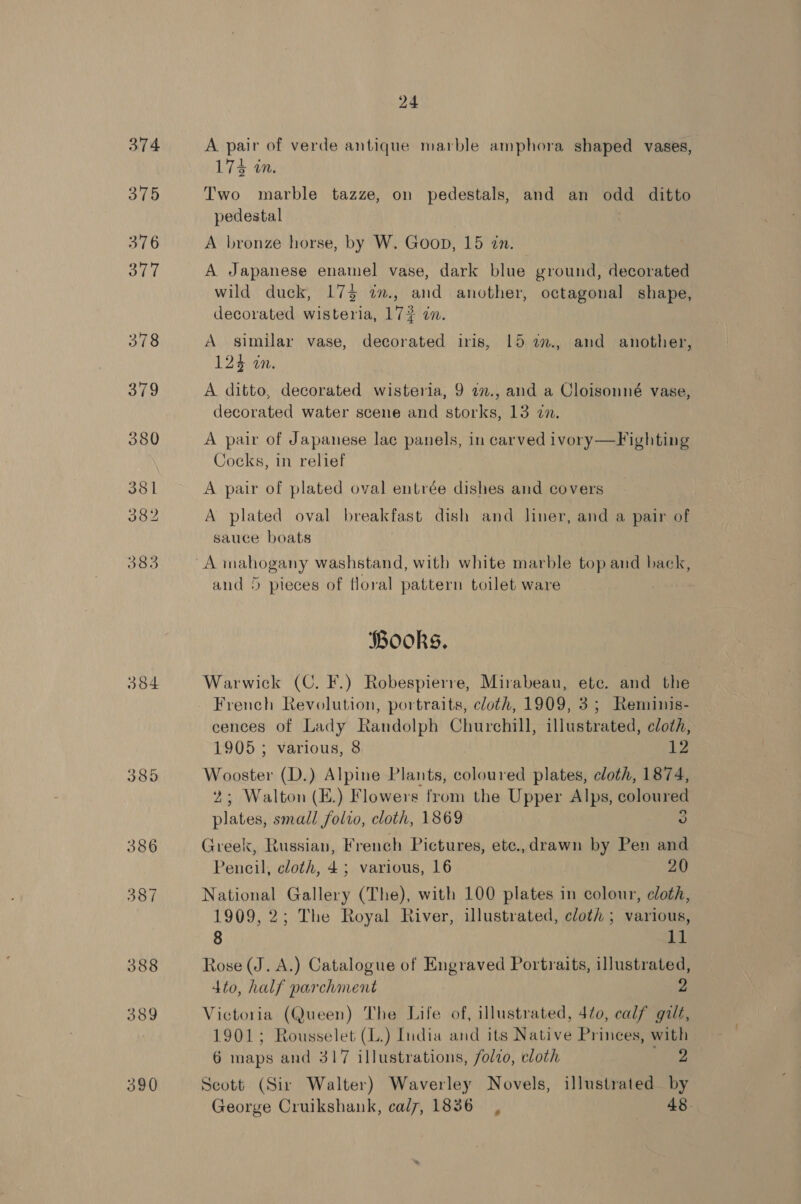 374 375 376 377 378 379 380 381 382 383 384 385 388 389 390 24 A pair of verde antique marble amphora shaped vases, 1 174 Um Two marble tazze, on pedestals, and an odd ditto pedestal | A bronze horse, by W. Goon, 15 in. A Japanese enamel vase, dark blue ground, decorated wild duck, 173 7i., and another, octagonal shape, decorated wisteria, 17# dn. A similar vase, decorated iris, 15 2., and another, 124 in. A ditto, decorated wisteria, 9 27., and a Cloisonné vase, decorated water scene and storks, 13 zn. A pair of Japanese lac panels, in carved ivory—Fighting Cocks, in relief A pair of plated oval entrée dishes and covers A plated oval breakfast dish and liner, and a pair of sauce boats A mahogany washstand, with white marble top and back, and 5 pieces of floral pattern toilet ware Books. Warwick (C. F.) Robespierre, Mirabeau, ete. and the cences of Lady Randolph Churchill, illustrated, cloth, 1905; various, 8 12 Me ooster (D.) Alpine Plants, coloured plates, cloth, 1874, ; Walton (E.) Flowers from the Upper Alps, ma ap small folro, cloth, 1869 Greek, Russian, French Pictures, ete.,drawn by Pen * | Pencil, cloth, 4; various, 16 20 National Gallery (The), with 100 plates in colour, cloth, 1909, 2; The Royal River, illustrated, cloth ; various, 8 11 Rose (J. A.) Catalogue of Engraved Portraits, illustrated, 4to, half parchment 2 Victoria (Queen) The Life of, illustrated, 470, calf gilt, 1901; Rousselet (L.) India and its Native Princes, with 6 maps and 317 illustrations, /olzo, cloth 2 Seott (Sir Walter) Waverley Novels, illustrated by George Cruikshank, cal7, 1836, 48.