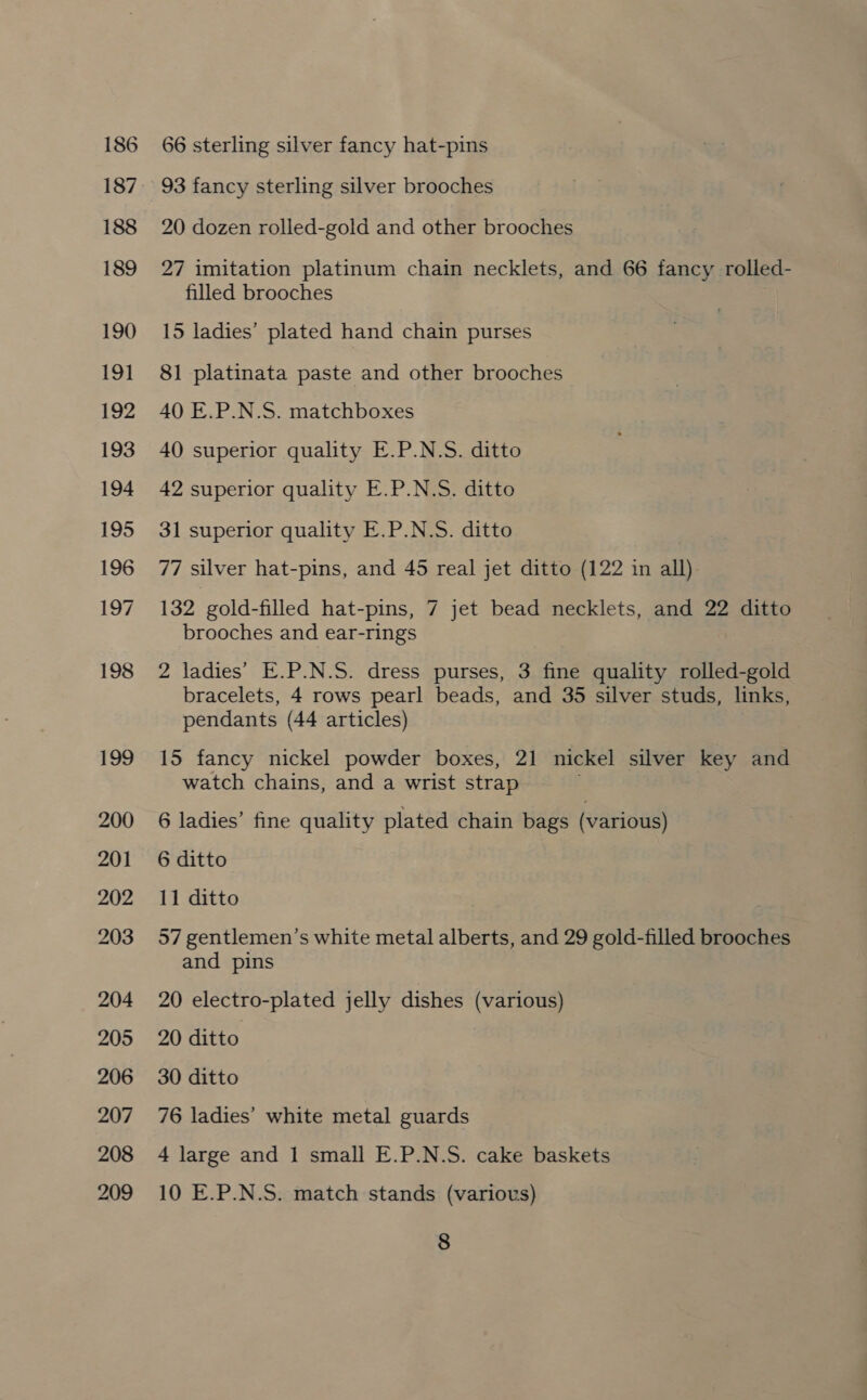 186 187 188 189 199 200 201 202 203 204 205 206 207 208 209 66 sterling silver fancy hat-pins 93 fancy sterling silver brooches 20 dozen rolled-gold and other brooches 27 imitation platinum chain necklets, and 66 fancy rolled- filled brooches 15 ladies’ plated hand chain purses 81 platinata paste and other brooches 40 E.P.N.S. matchboxes 40 superior quality E.P.N.S. ditto 42 superior quality E.P.N.S. ditto 31 superior quality E.P.N.S. ditto 77 silver hat-pins, and 45 real jet ditto (122 in all) 132 gold-filled hat-pins, 7 jet bead necklets, and 22 ditto brooches and ear-rings 2 ladies’ E.P.N.S. dress purses, 3 fine quality rolled-gold bracelets, 4 rows pearl beads, and 35 silver studs, links, pendants (44 articles) 15 fancy nickel powder boxes, 21 nickel silver key and watch chains, and a wrist strap 6 ladies’ fine quality plated chain bags (various) 6 ditto 11 ditto 57 gentlemen’s white metal alberts, and 29 gold-filled brooches and pins 20 electro-plated jelly dishes (various) 20 ditto 30 ditto 76 ladies’ white metal guards 4 large and 1 small E.P.N.S. cake baskets 10 E.P.N.S. match stands (various)