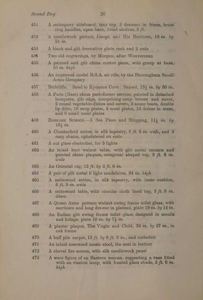 451 460 461 462 463 464 465 466 467 468 469 470 471 472, 473 A mahogany sideboard, tray top, 3 drawers in frieze, brass ring handles, open back, fitted shelves, 5 ft. A needlework picture, Joseph and His Brethren, 18 wm, by 24 on. A black and gilt decorative plate rack and 2 rods Two old engravings, by Morgan, after Wouverman A painted and gilt china centre piece, with group at base, 10 in. high An improved model BSA. air rifle, by the Birmingham Small Arms Company Rudeliffe. Road to Kynance Cove: Sunset, 134 am. by 30 a. A Paris (Nast) china part-dinner service, painted in detached bouquets, gilt edge, comprising soup tureen and cover, 2 round vegetable dishes and covera, 3 sauce boats, double lip ditto, 16 soup plates, 2 meat plates, 12 dishes in sizes, and 8 small meat plates Enemisx Scuoon—A Sea Piece and Shipping, 114 in. by 164 am. A Chesterfield settee, in silk tapestry, 6 ft. 6 mm. wide, and 2 easy chairs, upholstered en suite A cut glass electrolier, for 0 lights An inlaid burr walnut table, with gilt metal mounts and painted china plaques, octagonal shaped top, 3 ft. 6 a. wide A pair of gilt metal 6 light candelabra, 34 im. high A satinwood settee, in silk tapestry, with loose cushion, 6 ft. 9 in. wide A satinwood table, with circular cloth lined top, 3 ft. 8 am. diam. A Queen Anne pattern falls’ swing frame toilet glass, with escritoire and long drawer in plateau, plate 19 in. by 14 am. An Italian gilt swing frame toilet glass, designed in scrolls and foliage, plate 10 in. by 74 a. A plaster plaque, The Virgin and Child, 32 a. by 27 w., in oak frame A buff pile carpet, 15 ft. by 8 ft. 9 mm., and underfelt An inlaid rosewood music stool, the seat in leather A cheval fire screen, with silk needlework panel A ware figure of an Hastern woman, supporting a vase fitted with an electric lamp, with frosted glass shade, 5 ft. 6 m. high