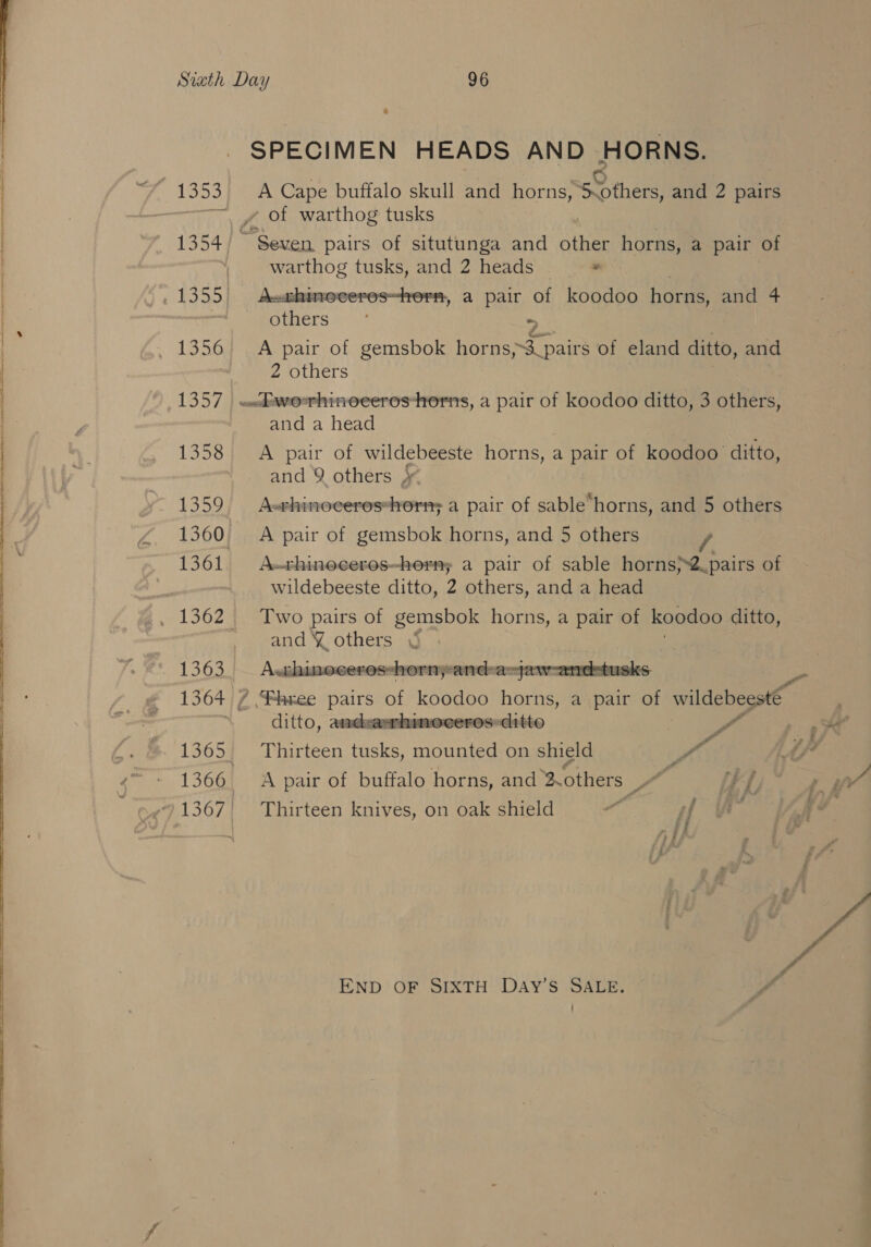    SPECIMEN HEADS AND One) A Cape buffalo skull and horns, Sothers, and 2 pairs warthog tusks, and 2 heads ¥ others A pair of gemsbok horns ie eat of eland ditto, and 2 others and a head A pair of wildebeeste horns, a pair of koodoo ditto, and 9 others A-thinoeceros*horn; a pair of sable‘horns, and 5 others A pair of gemsbok horns, and 5 others Authineceros-herny a pair of sable horns}*2.pairs of wildebeeste ditto, 2 others, and a head Two pairs of gemsbok horns, a pair of koodoo ditto, and XY others &amp; A.chineeceres-horn;-and-a~jaw-and=tusks.  Thirteen aes mounted on shield Mee A pair of buffalo horns, and ‘others | Pa : {f { Thirteen knives, on oak shield ohh f END OF SIXTH DAyY’S SALE. ys ; ee a oe ee
