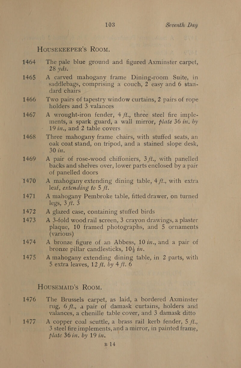 HOUSEKEEPER’S Room. 1464 The pale blue ground and figured Axminster carpet, 28 yds. 1465 &lt;A carved mahogany frame Dining-room Suite, in saddlebags, comprising a couch, 2 easy and 6 stan- dard chairs 1466 ‘Two pairs of tapestry window curtains, 2 pairs of rope holders and 3 valances 1467 A wrought-iron fender, 4 ft., three steel fire imple- ments, a spark guard, a wall mirror, plate 36 in. by 19 in., and 2 table covers 1468 Three mahogany frame chairs, with stuffed seats, an oak coat stand, on tripod, and a stained slope desk, 30 in. 1469 A pair of rose-wood chiffoniers, 3 ft., with panelled backs and shelves over, lower parts enclosed ney a pair of panelled doors 1470 =A mahogany extending ree table, 4 fl, with extra leaf, extending to 5 ft. 1471 A mahogany Pembroke table, fitted drawer, on turned Sy 1472 A glazed case, containing stuffed birds 1473 A 3-fold wood rail screen, 3 crayon drawings, a plaster plaque, 10 framed photographs, and 5 ornaments (various) 1474 A bronze figure of an Abbess, 10 in., and a pair of bronze pillar candlesticks, 104 i. 1475 Amahogany extending dining table, in 2 parts, with 5 extra leaves, 12 ft. by 4 ft. 6 HOUSEMAID’s Room. 1476 ‘The Brussels carpet, as laid, a bordered Axminster rug, 6 ft., a pair of damask curtains, holders and valances, a chenille table cover, and 3 damask ditto 1477. A copper coal scuttle, a brass rail kerb fender, 5 /¢., 3 steel fire implements, and a mirror, in painted frame, plate 36in. by 19 in. B14