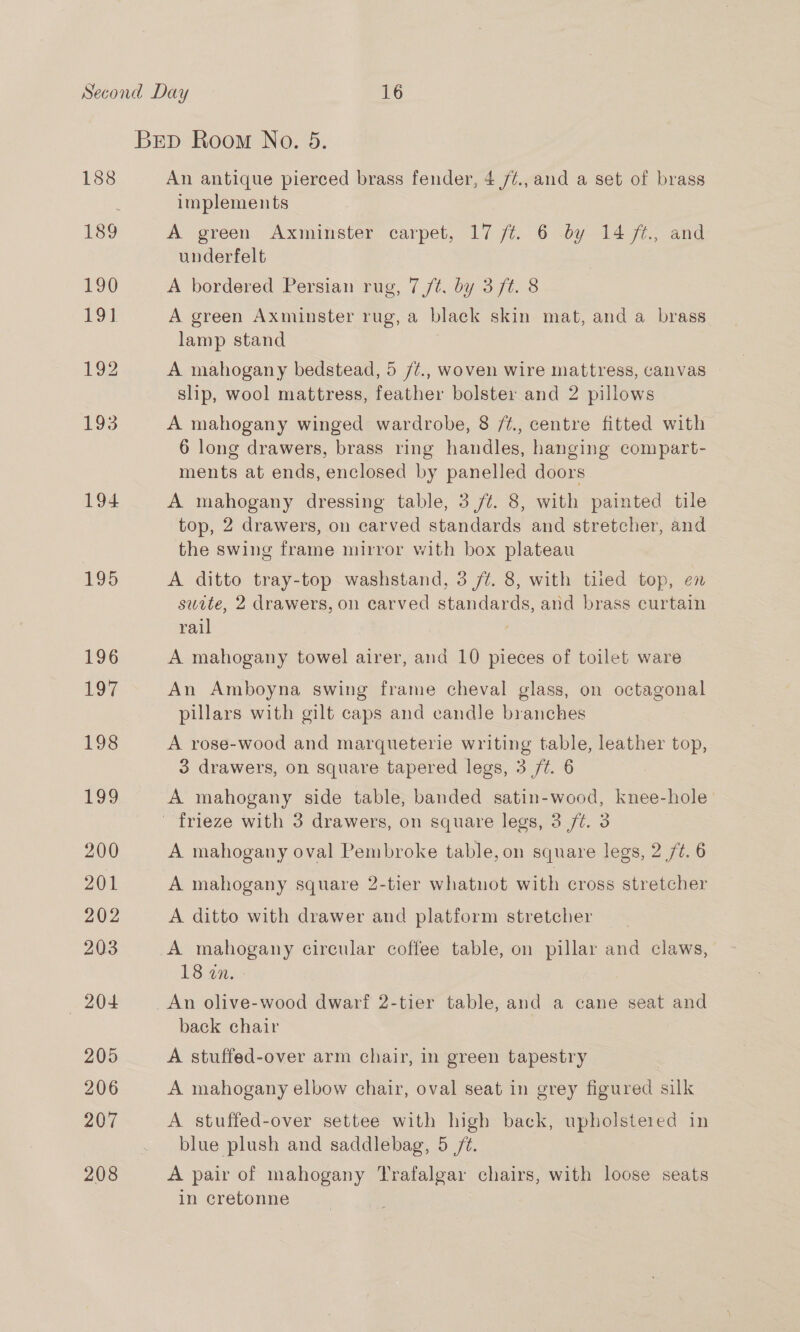 188 194 195 196 197 198 199 200 201 202 203 204 205 206 207 208 An antique pierced brass fender, 4 /¢.,and a set of brass implements A green Axminster carpet, 17 ft. 6 -by 14 ft; and underfelt A bordered Persian rug, 7/¢. by 3 /t. 8 A green Axminster rug, a black skin mat, and a brass lamp stand A mahogany bedstead, 5 /¢., woven wire mattress, canvas slip, wool mattress, feather bolster and 2 pillows A mahogany winged wardrobe, 8 /¢., centre fitted with 6 long drawers, brass ring handles, hanging compart- ments at ends, enclosed by panelled doors A mahogany dressing table, 3 /¢. 8, with painted tile top, 2 drawers, on carved standards and stretcher, and the swing frame mirror with box plateau A ditto tray-top washstand, 3 ft. 8, with tiled top, en swite, 2 drawers, on carved standards, and brass curtain rail | A mahogany towel airer, and 10 pieces of toilet ware An Amboyna swing frame cheval glass, on octagonal pillars with gilt caps and candle branches A rose-wood and marqueterie writing table, leather top, 3 drawers, on square tapered legs, 3 /t. 6 A mahogany side table, banded satin-wood, knee-hole- A mahogany oval Pembroke table,on square legs, 2 /¢. 6 A mahogany square 2-tier whatnot with cross stretcher A ditto with drawer and platform stretcher 18 an. An olive-wood dwarf 2-tier table, and a cane seat and back chair A stuffed-over arm chair, in green tapestry A mahogany elbow chair, oval seat in grey figured silk A stuffed-over settee with high back, na res in blue plush and saddlebag, 5 /¢. A pair of mahogany Trafalgar chairs, with loose seats in cretonne