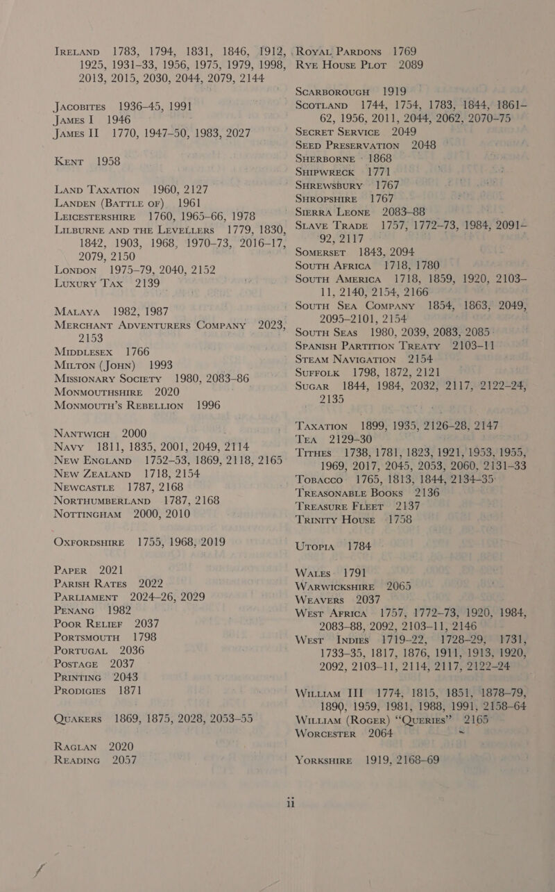 IRELAND 1783, 1794, 1831, 1846, 2013, 2015, 2030-2044, -2079, 2144 1936-45, 1991 1946 1770, 1947-50, 1983, 2027 J ACOBITES JAmMEs I JAmes II Kent 1958 Lanp TAxaTion 1960, 2127 LANDEN (BATTLE of) 1961 LEICESTERSHIRE 1760, 1965-66, 1978 LILBURNE AND THE LEVELLERS 1842, 1903, 1968, 2079, 2150 Lonpon’ 1975-79, 2040, 2152 Luxury “Tax * 2139 } Maraya 1982, 1987 MERCHANT ADVENTURERS Company 2023, 2163 MiIppLesex 1766 MILTON (JoHN) 1993 Missionary Society 1980, 2083- 86 MONMOUTHSHIRE 2020 MonmouTuH’s REBELLION 1996 Nantwicu 2000 Navy 1811, 1835, 2001, 2049, 2114 New EnciLann- 1752-53, 1869, 2118, 2165 New ZEALAND 1718, 2154 NewcastLe 1787, 2168 NORTHUMBERLAND 1787, 2168 NottTincHAm 2000, 2010  OXFORDSHIRE 1755, 1968,:2019 PAPER 2021 ParisH Rates 2022 PARLIAMENT 2024-26, 2029 PENANG 1982 Poor RELIEF 2037 PortsmMouTH 1798 PorTuGAL 2036 PosTaGE 2037 PRINTING 2043 Propicies 1871 QuakeErRS 1869, 1875, 2028, 2053-55 RacLtan 2020 READING 2057 1769 Rye House PLtor 2089 1919 ScoTLANnp 1744, 1754, 1783, 1844, 1861— 62, 1956, 2011, 2044, 2062, 2070-75 SECRET SERVICE 2049 SEED PRESERVATION 2048 SHERBORNE « 1868 . SHIPWRECK 1771 SHREWSBURY ~ 1767 SHROPSHIRE 1767 SIERRA LEONE 2083-88 SLAVE TRADE 1757, 1772+ vo, 1984, 9091- 92527 a SoMERSET 1843, 2094 Soutu Arrica 1718, 1780 SourH AMERICA 1718, 1859, 1920, 2103- 11, 2140, 2154, 2166 1854, 1863, 2049, 2095-2101, 2154 SouTtH Seas 1980, 2039, 2083, 2085 - SPANISH PARTITION TREATY 2103-I1 SuFFoLK 1798, 1872, 2121 Sucsr 1844, 1984, 2032, 2117, 2122-24, 255 ‘TAXATION 1899, 1935, 2126-28, 2147 Tea 2129-30 Trrues 1738, 1781, 1823, 1921, 1953, 1955, 1969, 2017, 2045, 2053, 2060, 2131-33 Tosacco 1765, 1813, 1844, 2134-35: TREASONABLE Bots 2136 TREASURE FLEET 2137 Trinity House +1758 Uroria 1784 Watss: 1791 WARWICKSHIRE 2065 WEAVERS 2037 West ArricA 1757, 1772-73, 1920, 1984, 2083-88, 2092, 2103-11, 2146 Wesr Inpres 1719-22, 1728-29, 1731, 1733-35, 1817, 1876, 1914&gt;1913) 1920; 2092, 2103-11, 2114, 2117, 2122-24 Wiuuram III 1774, 1815, 1851, 1878-79, 1890, 1959, 1981, 1988, 1991, 2158-64 WILLIAM (ROGER) “Queries” 2165 WokrcEsTER 2064 be YORKSHIRE 1919, 2168-69