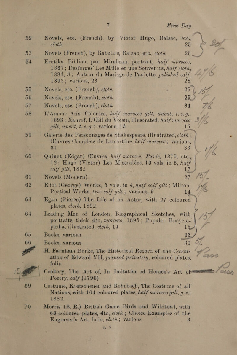 52 53 54 55 56 57 58 59 7 First Day Novels, ete. (French), by Victor Hugo, Balzac, etce., \ . cloth a od IE Novels (French), by Rabelais, Balzac, ete., cloth 7) ey Erotika Biblion, par Mirabeau, portrait, half morocco, 1867; Desforges’ Les Mille et une Souvenirs, half cloth, 1883, 3; Autour du Mariage de Paulette, polished calf, 1893; various, 23 28 Novels, etc. (French), cloth | 9 5) Ves Novels, ete. (French), cloth 25. )  : Novels, ete. (French), cloth 34 re4 L’Amour Aux Colonies, hal/ morocco gilt, uneut, eg. ~,% 1893; Xanrof, L’Cdil du Voisin, illustrated, half moroceo 2/4 gilt, uncut, t.é.g.; various, 13 15. — Galerie des Personnages de Shakespeare, illustrated, cloth; } » (Euvres Complets de Lamartine, half morocco; various, | 31 33 \ 4 Quinet (Edgar) Cuvres, half morocco, Paris, 1870, ete., = 12; Hugo (Victor) Les Misérables, 10 vols. in 5, half calf gilt, 1862 pati | aoe Sa Novels (Modern) 7. IM/. Eliot (George) Works, 5 vols. in 4, half calf gilt ; Milton, vA Poetical Works, tree-calf gilt ; various, 9 4 &gt; Egan (Pierce) The Life of an Actor, with 27 coloured plates, cloth, 1892 Leading Men of London, Biographical Sketches, with { 7 | SA portraits, thick 4to, morocco, 1895; Popular Encyclo- ye peedia, illustrated, cloth, 14 115A, 7 Books, various 33 . Books, various 30 ws H. Farnham Burke, The Historical Record of the Coron- ‘w. ation of Kdward pee ie privately, coloured plates, folio x Cookery, The Art of, In Imitation of Horace’s Art Uf = / erag Poetry, calf (1790) Costume, Kretschener and Rohrbach, The Costume of all Nations, with 104 coloured plates, half morocco gilt, 9. ¢., 1882 Morris (B. R.) British Game Birds and Wildfow], with 60 coloured plates, 4to, cloth ; Choice Examples of the Engraver’ s Art, folio, cloth; various 3 B 2