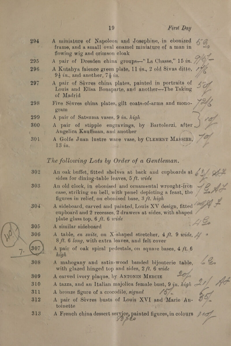  294 295 296 298 299 300 301 310 311 19 First Day 7 of Madrid gram 13 w0. A similar sideboard high re A mahogany and satin-wood banded bijouterie table, &lt;= Se with glazed hinged top and sides, 2 ft. 6 wide ~OL, A carved ivory plaque, by ANTONIN MERCIE — me A tazza, and an Italian majolica female bust, 9 in. high =&lt; 7/ A bronze figure of a crocodile, signed Wy = fA A pair of Sevres busts of Louis XVI and Marie'An- # ~~. toinette A French china dessert ser\ wi: Se