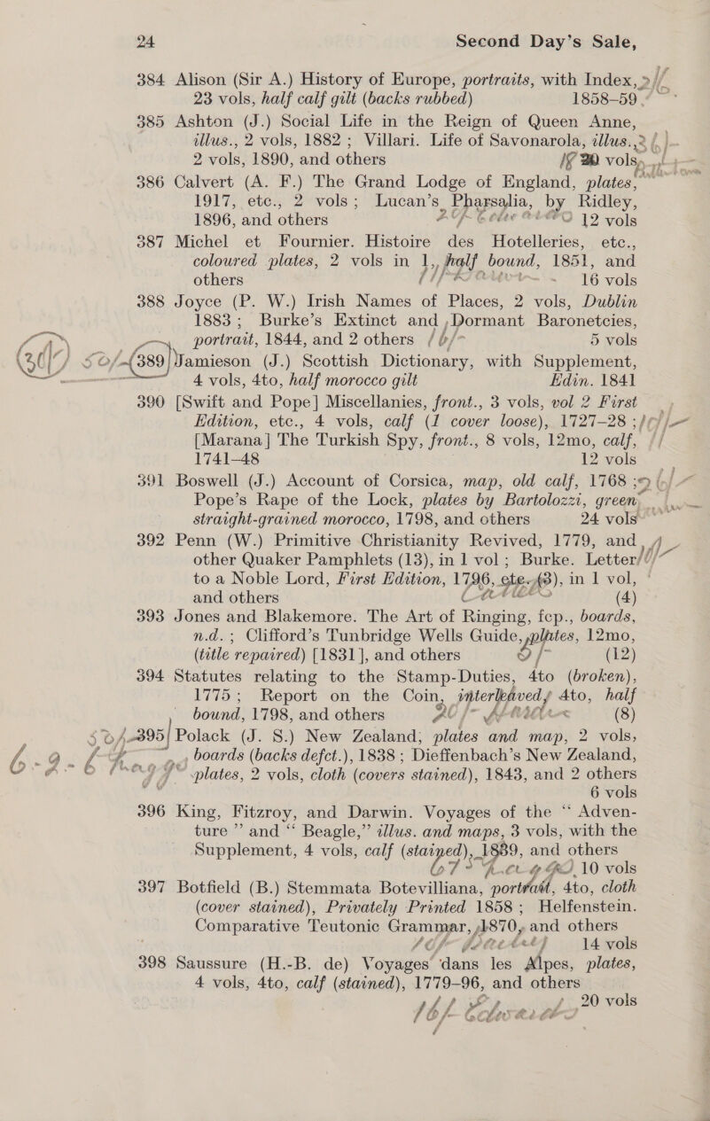 . ewe f &gt;: 384 Alison (Sir A.) History of Europe, portraits, with Index, &gt;// 385 Ashton (J.) Social Life in the Reign of Queen Anne, dllus., 2 vols, 1882; Villari. Life of Savonarola, lus. ,2 / j- 386 Calvert (A. F.) The Grand Lodge of England, plates,” 1917, etes: 2* vols ; Fee Ep eyia. ae iidley, 1896, and ohare re | 2 ONS 387 Michel et Fournier. Histoire wie HSteueties. etc., others Md, - 16 vols 388 Joyce (P. W.) Irish Names of Pies: 2 vols, Dublin 1883; Burke’s Extinct and ,Dormant Baronetcies, Pat  4 vols, 4to, half morocco gilt Edin. 1841 390 [Swift and Pope] Miscellanies, front., 3 vols, vol 2 Furst Edition, etc., 4 vols, calf (1 cover loose), 1727-28 ; /¢ [Marana] The Turkish Spy, front., 8 vols, 12mo, calf, '/ 1741-48 12 vols 391 Boswell (J.) Account of Corsica, map, old calf, 1768 55 | Pope’s Rape of the Lock, plates by Bartolozzi, green. &gt; straight-grained morocco, 1798, and others 24 vols 392 Penn (W.) Primitive Christianity Revived, 1779, and ie other Quaker Pamphlets (13), in 1 vol; Burke. Letter// to a Noble Lord, First Hdition, ve ste. i) in 1 vol, 393 Jones and Blakemore. The Art of ek fep., boards, n.d.; Clifford’s Tunbridge Wells Guide, nltutes, 12mo, (title repaired) [1831], and others o | (12) 394 Statutes relating to the Stamp-Duties, 4to (broken), 1775; Report on the Com, Te Ato, half ia . boards (backs defct.), 1838 ; Dieffenbach’s New Zealand, plates, 2 vols, cloth ‘(covers stained), 1843, and 2 others ‘ 6 vols 396 King, Kitzroy, and Darwin. Voyages of the “ Adven- ture ’ and “ Beagle,” illus. and maps, 3 vols, with the Supplement, 4 vols, calf (starped) )&gt; ad 1889, and others 67 9 RA GFE ) 10 vols 397 Botfield (B.) Stemmata Botevilliana, orwell, 4to, cloth (cover stained), Privately Printed 1858 ; Helfenstein. Comparative Teutonic Craineprs 1870, and others ,¢ Deetrt) 14 vols 398 Saussure (H.-B. de) Voyages’ ‘dant les Alpes, plates, 4 vols, 4to, calf (stained), 1779- 96, and others /bf-t L vohwxae _f.,20 vols t ? ft) SS So