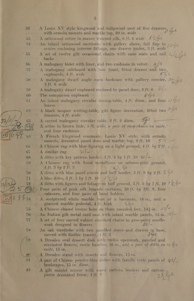   5 A Louis XV style kingwood and tulipwood nest of five drawers, 7 , with ormolu mounts and marble top, 20 in. wide a oe As satinwood settee in mauve watered silk, 6 ft. 6 wide 99.9 An inlaid satinwood eseritoire with gallery above, fall flap in centre enclosing interior fittings, one drawer under, 3 ft. wide A set of twelve gilt occasional chairs with cane seats and rail 4) backs A mahogany bidet with liner, and two cushions in velvet Ay A mahogany sideboard with how front, fitted drawer and two cupboards, 4 ft. wide S¢ A mahogany dwarf angle open bookcase with gallery cornice, +&gt;, 3 ft. 6 wide * A mahogany dwarf cupboard enclosed by panel door, 2 ft. 8 The companion cupboard g§ G 6 An inlaid mahogany circular dining-table, 4 ft. diam., and four leaves drawers, 4 ft. wide 3 A carved mahogany circular table, 2 ft. 6 diam. SY fs. A settee in brown hide, 5 ft. wide, a pair of easy-chairs en suite,’ and four cushions ww mounts, decorated panel door and marble top, 2 ft. 10 a fo A Chinese rug. with blue figuring on a light ground, 4 ft. by 2 ft. A gimiearrmg. iW 1 | A ditto with key pattern border, 3 ft.4 by 1 ft. 10 of/— d A Chinese rug He floral medallions on salmon-pink ground, 4 ft. 3 by 2 fie: a -, 4/9 A ditto with me panel centre and buff border, 3 ft. 9 by 2 ft. L% A blue ditto, 3 ft. 5 by 1ff.10 /~X L ey~ -valanees, and four pairs of band holders A~ seulptured white marble bust of a baccante, 187in., and a grained marble pedestal, 4//. high Lda A Chinese chased bronze koro on three rounded feet, 144 in. “fy An Italian gilt metal ecard case with inlaid marble panels, 13.4n.35/- A set of four carved walnut standard chairs in gros-point needle- work designed in flowers &amp;d/- An oak wardrobe with two po doors. and draiver in base, carved with Gothic tracery, 4 ft. 3 hs A Dresden oval dessert dish with trellis openwork, painted and encrusted flowers, rustic handles, 16 in., and a pair of ditto en Y 4 ‘suite, 13 in. landseapes, 15 in. diam. pierre decorated frieze, 4/t. 9 . 0 L i&gt; ee