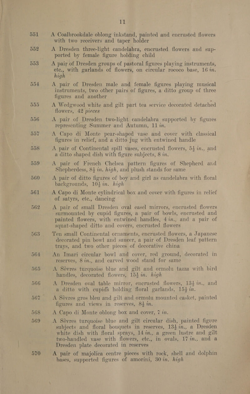 5d1 5d2 5o4 570 11 A Coalbrookdale oblong inkstand, painted and encrusted flowers with two receivers and taper holder A Dresden three-light candelabra, encrusted flowers and sup- ported by female figure holding child A pair of Dresden groups of pastoral figures playing instruments, ete., with garlands of flowers, on circular rococo base, 16 in. high A pair of Dresden male and female figures playing musical instruments, two other pairs of figures, a ditto group of three figures and another A Wedgwood white and gilt part tea service decorated detached flowers, 42 pieces A pair of Dresden two-light candelabra supported by figures representing Summer and Autumn, 11 i. A Capo di Monte pear-shaped vase and cover with classical figures in relief, and a ditto jug with entwined handle A pair of Continental spill vases, encrusted flowers, 54 in., and a ditto shaped dish with figure subjects, 8 a. A pair of French Chelsea pattern figures of Shepherd and Shepherdess, 84 in. high, and plush stands for same A pair of ditto figures of boy and girl as candelabra with floral backgrounds, 10$ in. high A Capo di Monte cylindrical box and cover with figures in relief of satyrs, ete., dancing A pair of small Dresden oval easel pales encrusted flowers surmounted by cupid figures, a pair of bowls, encrusted and painted flowers, with entwined handles, 4%in., and a pair of squat-shaped ditto and covers, encrusted flowers Ten small Continental ornaments, encrusted flowers, a Japanese decorated pin bowl and saucer, a pair of Dresden leaf pattern trays, and two other pieces of decorative china An Imari circular bowl and cover, red ground, decorated in reserves, 8in., and carved wood stand for same A Sevres turquoise blue and gilt and ormolu tazza with bird handles, decorated flowers, 154i. high A Dresden oval table mirror, encrusted flowers, 134 %n., and a ditto with ecupids holding floral garlands, 154 in. A Sevres gros bleu and gilt and ormolu mounted casket, painted figures and views in reserves, 84 1m. A Capo di Monte oblong box and cover, 7 in. A Sévres turquoise blue and gilt circular dish, painted oe white dish with floral sprays, 14 7m., a green lustre and oilt two-handled vase with flowers, etc., in ovals, 17 7m., and a Dresden plate decorated in reserves A pair of majolica centre pieces with rock, shell and dolphin bases, supported figures of amorini, 30in. high