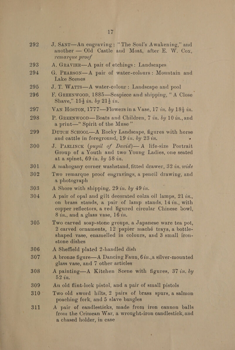 305 306 307 308 309 311 17 J. SANT—An engraving: “The Soul’s Awakening,” and another — Old Castle and Moat, after E. W. Cox, remarque proof A. GRAVIER—A pair of etchings: Landscapes _ G. PEARSON—A pair of water-colours: Mountain and Lake Scenes J.T. Warrs—A water-colour: Landscape and pool F. GREENWOOD, 1885—Seapiece and shipping, “A Close Shave,--454 in. by 214 in. Van Hoston, 1777—Flowers ina Vase, 17 in. by 184 in. a print—‘ Spirit of the Muse” Dutcu ScHoor—A Rocky Landscape, figures with horse and cattle in foreground, 19 an. by 23 an. ° J. PAELINCK (pupil of David)— A life-size Portrait Group of a Youth and two Young Ladies, one seated at a spinet, 69 in. by 58 in. A mahogany corner washstand, fitted drawer, 32 an. wide Two remarque proof engravings, a pencil drawing, and a photograph A Shore with shipping, 29 i. by 49 an. A pair of opal and gilt decorated colza oil lamps, 21 7n., on brass stands, a pair of lamp stands, 1427., with copper reflectors, a red figured circular Chinese bowl, 8 in., and a glass vase, 16 7. Two carved soap-stone groups, a Japanese ware tea pot, 2 carved ornaments, 12 papier maché trays, a bottle- shaped vase, enamelled in colours, and 3 small iron- stone dishes A Sheffield plated 2-handled dish A bronze figure—A Dancing Faun, 67z.,a silver-mounted glass vase, and 7 other articles A painting—A Kitchen Scene with figures, 37 in. by 52 in. An old flint-lock pistol, and a pair of small pistols Two old sword hilts, 2 pairs of brass spurs, a salmon poaching fork, and 5 slave bangles A pair of. candlesticks, made from iron cannon balls from the Crimean War, a wrought-iron candlestick, and a chased holder, in case