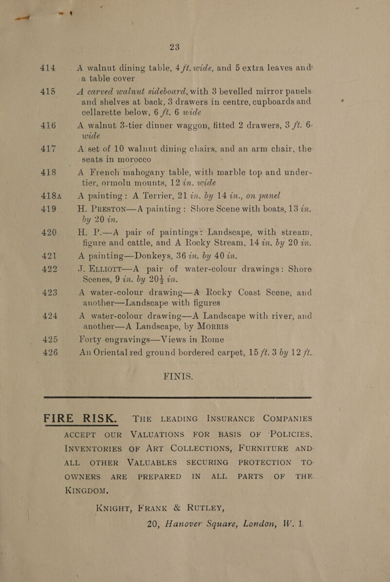 23 a table cover A carved walnut sideboard, with 3 bevelled mirror panels and shelves at back, 3 drawers in centre, cupboards and cellarette below, 6 /t. 6 wide A walnut 3-tier dinner waggon, fitted 2 drawers, 3 /t. 6 wide : A set of 10 walnut dining chairs, and an arm chair, the seats In morocco A French mahogany table, with marble top and under- tier, ormolu mounts, 12 ¢n. wide _ H. Preston—A painting: Shore Scene with boats, 13 a. by 20 an. _H. P.—A pair of paintings: Landscape, with stream, figure and cattle, and A Rocky Stream, 14 zn. by 20 an. A painting—Donkeys, 36 in. by 40 in. J. Exuiotr—A pair of water-colour drawings: Shore. Scenes, 9 in. by 204 in. A water-colour drawing—A Rocky Coast Scene, and another—Landscape with figures A water-colour drawing—A Landscape with river, and another—A Landscape, by Morris Forty engravings—Views in Rome An Oriental red ground bordered carpet, 15 /¢. 3 by 12 2. FINIS.  ACCEPT OUR VALUATIONS FOR BASIS OF ‘POLICIES, INVENTORIES OF ART COLLECTIONS, FURNITURE AND: ALL OTHER VALUABLES SECURING PROTECTION TO- OWNERS ARE PREPARED IN ALL PARTS OF _ THE. KINGDOM. KNIGHT, FRANK &amp; RUTLEY, 20, Hanover Square, London, W. 1