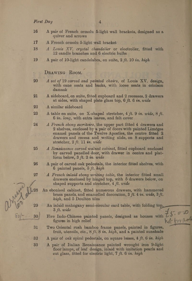 16 &lt;A pair of French ormolu 5-light wall brackets, designed as a quiver and arrows ; | 17 A French ormolu 8-light wall bracket 18 A Lowis XV. crystal chandelier or electrolier, fitted with 12 candle branches and 6 electric bulbs 19 A pair of 10-light candelabra, en suite, 2 ft. 10 on. high Drawine Room. 20 A set of 19 carved and painted chats, of Louis XV. design, with cane seats and seeks, with loose seats in crimson damask 31 A sideboard, en suite, fitted cupboard and 2 recesses, 2 drawers 3 at sides, with shaped plate glass top, 6 ft. 6 in. wide 22, A similar sideboard 23 A table en suite, on X-shaped stretcher, 4 ft. 9 wm. wide, 8 ft. 6 an. long, with extra leaves, and felt cover 24 A French ebony escritovre, the upper part fitted 4 drawers and 2 shelves, enclosed by a pair of doors with painted Liméges enamel panels of the Twelve Apostles, the centre fitted 2 drawers and recess and writing slide, on 8 supports and stretcher, 2 ft. 11 wm. wide 25 A Renaissance carved walnut cabinet, fitted cupboard enclosed by carved panelled door, with drawer in centre and plat- form below, 3 ft. 2 a. wide 26 A pair of carved oak pedestals, the interior fitted te ath 6 painted panels, 5 ft. high 27 &lt;A French inlaid ebony writing table, the interior fitted small drawers enclosed by hinged top, with 5 drawers below, on nh 7f shaped supports and stretcher, 4 ft. wade gg pay Oe oe vv ff 28 An ebonised cabinet, fitted numerous drawers, with hammered . Wy ay brass panels, and enamelled decoration, 3 ft. 4 im. wide, 3 ft. i yy A» high, and 5 Doulton tiles 1 \O° 29 An inlaid mahogany semi-circular card table, with folding top, cm-nesesssam V ’ 3 ft. wide | ¥6/~ | 30/ Five Indo-Chinese painted panels, designed as houses with figures in high relief 31 Two Oriental rush bamboo frame panels, painted in figures, fruit, utensils, etc., 8 ft. 8 in. high, and a painted sunshade 32 A pair of oak spiral pedestals, on square bases, 4 ft. 6 im. high 33 A pair of Italian Renaissance painted wrought iron 9-light cut glass, titted for electric light, 7 ft. 6 in. high 