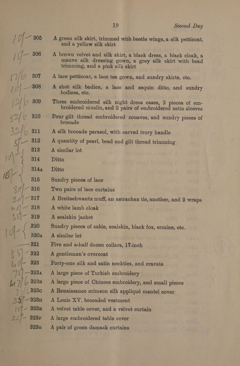 | — 305 )\J— 306 307 | 308 309 Of 310 VON 311 i u- 812 |, 318 id\7< }¥ 314 ae | 3144 Baas D | ~ 316 G oi ~~ 317 ufi— 318 2Vl— 319 oA { 320 VI) 3204 Seen 2) l J ¥ 399 L,vi- 323 4) 398. bab 323B §-/ {82380 2 §7 828 jst- 323n 2S4- 323F 3234 19 Second Day A green silk skirt, trimmed with beetle wings, a silk petticoat, and a yellow silk skirt A brown velvet and silk skirt, a black dress, a black cloak, a mauye silk dressing gown, a grey silk skirt with bead trimming, and a pink silk skirt A lace petticoat, a lace tea gown, and sundry skirts, etc. A shot silk bodice, a lace and sequin ditto, and sundry bodices, etc. Three embroidered silk night dress cases, 2 pieces of em- broidered muslin, and 2 pairs of embroidered satin sleeves Four gilt thread embroidered zouaves, and sundry pieces of brocade , A silk brocade parasol, with carved ivory handle A quantity of pearl, bead and gilt thread trimming A similar lot Ditto Ditto Sundry pieces of lace Two pairs of lace curtains A Breitschwautz muff, an astrachan tie, another, and 2 wraps A white lamb cloak A sealskin jacket Sundry pieces of sable, sealskin, black fox, ermine, etc. A similar lot Five and a-half dozen collars, 17-inch A gentleman’s overcoat Forty-one silk and satin neckties, and cravats A large piece of Turkish embroidery A large piece of Chinese embroidery, and small pieces A Renaissance crimson silk appliqué mantel cover A Louis XV. brocaded vestment A velvet table cover, and a velvet curtain A large embroidered table cover A pair of green damask curtains