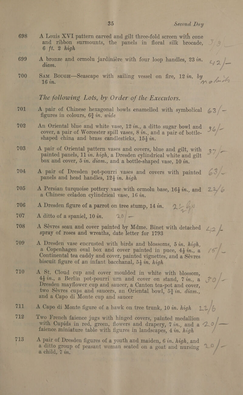 698 699 701 TN 711 712 713 35 Second Day A Louis XVI pattern carved and gilt three-fold screen with cone and ribbon surmounts, the panels in floral silk brocade, 6 ft. 2 high A bronze and ormolu jardinicre with four loop handles, 23 in. dim. , Sam BoueH—Seascape with sailing vessel on fire, 12 in. by The following Lots, by Order of the Executors. A pair of Chinese hexagonal bowls enamelled with symbolical figures in colours, 6% in. wide An Oriental blue and white vase, 12 n., a ditto sugar bowl and cover, a pair of Worcester spill vases, 8 in., and a pair of bottle- shaped china and brass candlesticks, 154 in. A pair of Oriental pattern vases and covers, blue and gilt, with painted panels, 11 in. high, a Dresden cylindrical white and gilt box and cover, 5 in. diam., and a bottle-shaped vase, 10 in. A pair of Dresden pot-pourri vases and covers with painted panels and head handles, 124 in. high A Persian turquoise pottery vase with ormolu base, 164 in., and a Chinese celadon cylindrical vase, 16 in. A Dresden figure of a parrot on tree stump, 14in. 9 L- &amp; A ditto of a spaniel, 10 in. LO} =| A Sévres seau and cover painted by Mame. Binet with detached spray of roses and wreaths, date letter for 1793 A Dresden vase encrusted with birds and blossoms, 5 in. high, a Copenhagen oval box and cover painted in puce, 44%n., a Continental tea caddy and cover, painted vignettes, and a Sévres biscuit figure of an infant bacchanal, 54 in. high A St. Cloud cup and cover moulded in white with blossom, 4$%n., a Berlin pot-pourri urn and cover on stand, 7 in., a Dresden mayflower cup and saucer, a Canton tea-pot and cover, two Sévres cups and saucers, an Oriental bowl, 52 in. diam., and a Capo di Monte cup and saucer A Capo di Monte figure of a hawk on tree trunk, 10 in. high Iwo French faience jugs with hinged covers, painted medallion faience, miniature table with figures in landscapes, 4 in. high A pair of Dresden figures of a youth and maiden, 6 in. high, and a ditto group of peasant woman seated on a goat and nursing