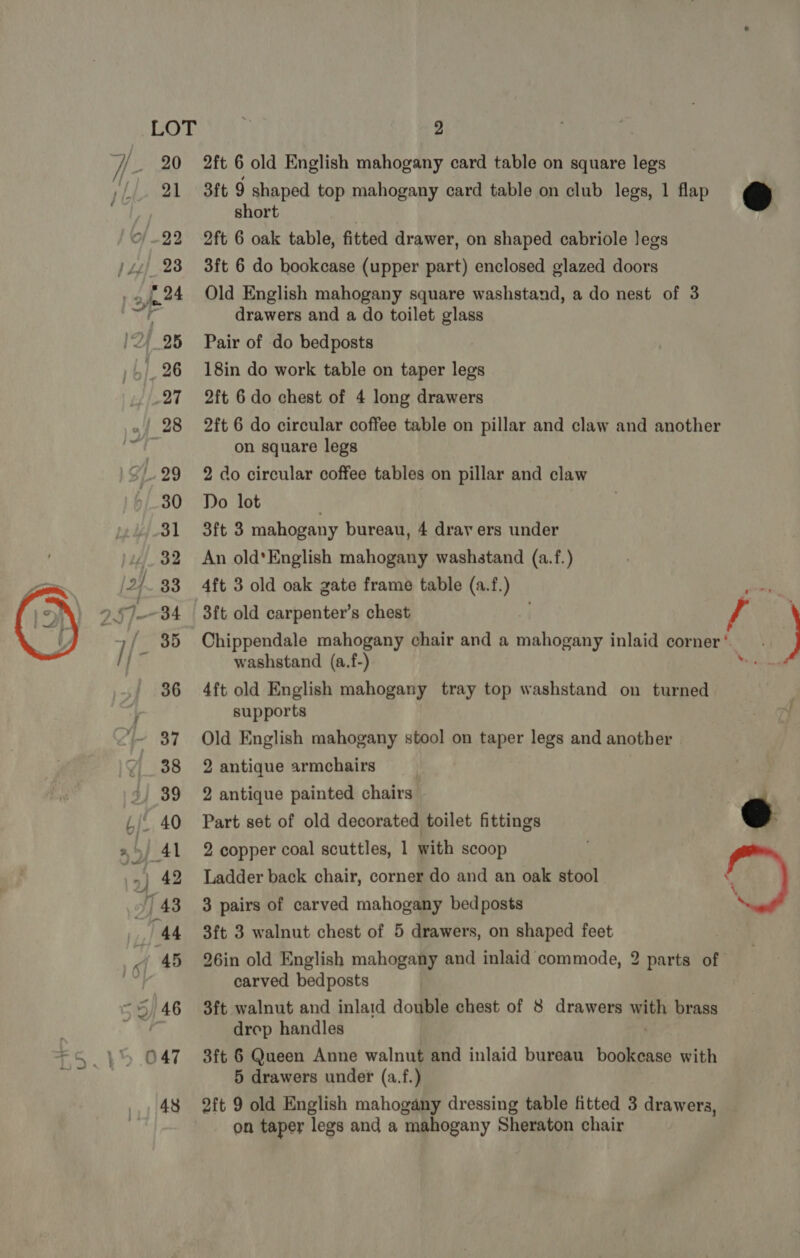  io * 2 2ft 6 old English mahogany card table on square legs 3ft 9 shaped top mahogany card table on club legs, 1 flap short 2ft 6 oak table, fitted drawer, on shaped cabriole legs 3ft 6 do bookcase (upper part) enclosed glazed doors Old English mahogany square washstand, a do nest of 3 drawers and a do toilet glass Pair of do bedposts 18in do work table on taper legs 2ft 6 do chest of 4 long drawers 2ft 6 do circular coffee table on pillar and claw and another on square legs 2 do circular coffee tables on pillar and claw Do lot . 3ft 3 mahogany bureau, 4 dray ers under An old'English mahogany washstand (a.f.) 4ft 3 old oak gate frame table (a.f. a 3ft old carpenter’s chest Chippendale mahogany chair and a mahogany inlaid corner’ washstand (a.f-) 4ft old English mahogany tray top washstand on turned supports Old English mahogany stool on taper legs and another 2 antique armchairs 2 antique painted chairs Part set of old decorated toilet fittings 2 copper coal scuttles, 1 with scoop Ladder back chair, corner do and an oak stool 3 pairs of carved mahogany bed posts 3ft 3 walnut chest of 5 drawers, on shaped feet   carved bedposts 3ft walnut and inlaid double chest of 8 drawers with brass drep handles 3ft 6 Queen Anne walnut and inlaid bureau bookcase with 5 drawers under (a.f.) 2ft 9 old English mahogany dressing table fitted 3 drawers, on taper legs and a mahogany Sheraton chair