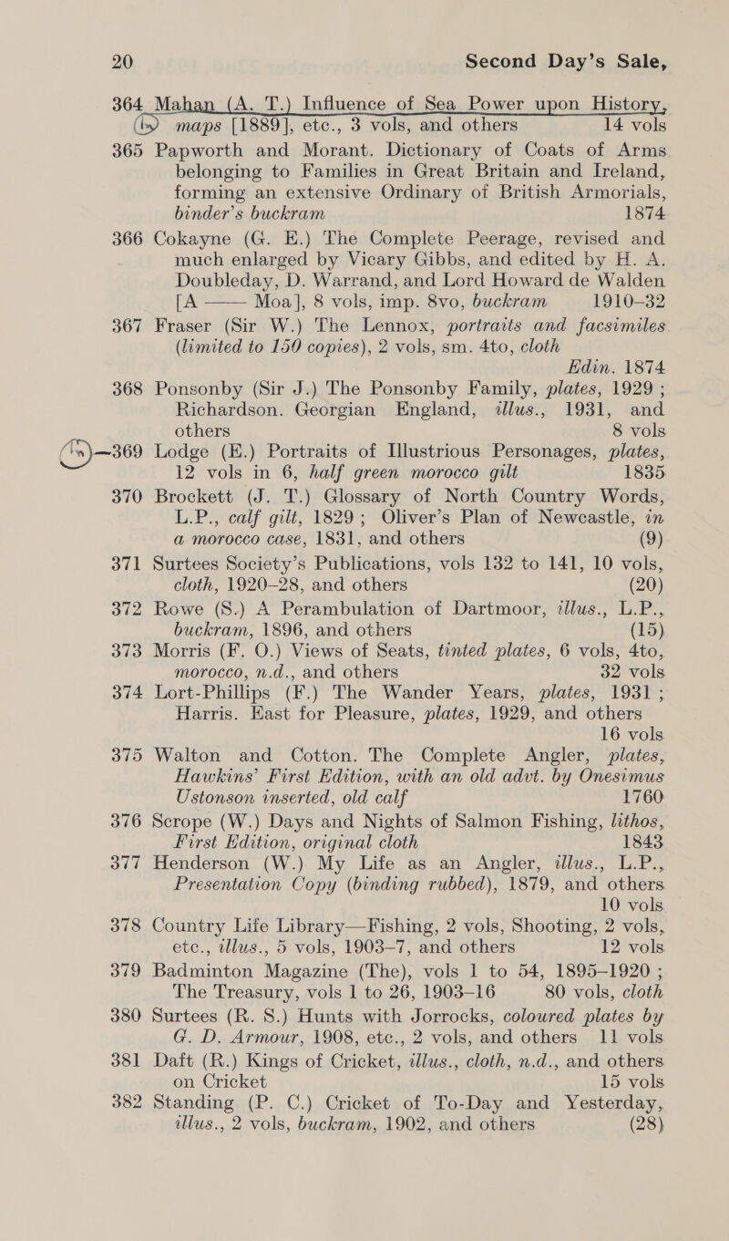 364_Ma A. T.) Influence of Sea Power upon Histor (i) maps [1889], etc., 3 vols, and others 14 vols 365 Papworth and Morant. Dictionary of Coats of Arms belonging to Families in Great Britain and Ireland, forming an extensive Ordinary of British Armorials, binder’s buckram 1874 366 Cokayne (G. E.) The Complete Peerage, revised and much enlarged by Vicary Gibbs, and edited by H. A. Doubleday, D. Warrand, and Lord Howard de Walden [A —— Moa], 8 vols, imp. 8vo, buckram 1910-32 367 Fraser (Sir W.) The Lennox, portraits and facsimiles (limited to 150 copies), 2 vols, sm. 4to, cloth Edin. 1874 368 Ponsonby (Sir J.) The Ponsonby Family, plates, 1929 ; Richardson. Georgian England, illus., 1931, and others 8 vols 12 vols in 6, half green morocco gilt 1835. 370 Brockett (J. T.) Glossary of North Country Words, L.P., calf gilt, 1829; Oliver’s Plan of Newcastle, in a morocco case, 1831, and others (9) 371 Surtees Society’s Publications, vols 132 to 141, 10 vols, cloth, 1920-28, and others (20) 372 Rowe (S.) A Perambulation of Dartmoor, ¢llus., L.P., buckram, 1896, and others (15) 373 Morris (F. O.) Views of Seats, tented plates, 6 vols, 4to, morocco, n.d., and others 32 vols 374 Lort-Phillips (F.) The Wander Years, plates, 1931 ; Harris. East for Pleasure, plates, 1929, and others 16 vols 375 Walton and Cotton. The Complete Angler, plates, Hawkins’ First Edition, with an old advt. by Onesimus Ustonson inserted, old calf 1760 376 Scrope (W.) Days and Nights of Salmon Fishing, lithos, First Edition, original cloth 1843 377 Henderson (W.) My Life as an Angler, illus., L.P., Presentation Copy (binding rubbed), 1879, and others 10 vols 378 Country Life Library—Fishing, 2 vols, Shooting, 2 vols, etc., wllus., 5 vols, 1903-7, and others 12 vols 379 Badminton Magazine (The), vols 1 to 54, 1895-1920 ; The Treasury, vols 1 to 26, 1903-16 80 vols, cloth 380 Surtees (R. 8.) Hunts with Jorrocks, coloured plates by G. D. Armour, 1908, etc., 2 vols, and others 11 vols 381 Dait (R.) Kings of Cricket, illus., cloth, n.d., and others. on Cricket 15 vols 382 Standing (P. C.) Cricket of To-Day and Yesterday, illus., 2 vols, buckram, 1902, and others (28)