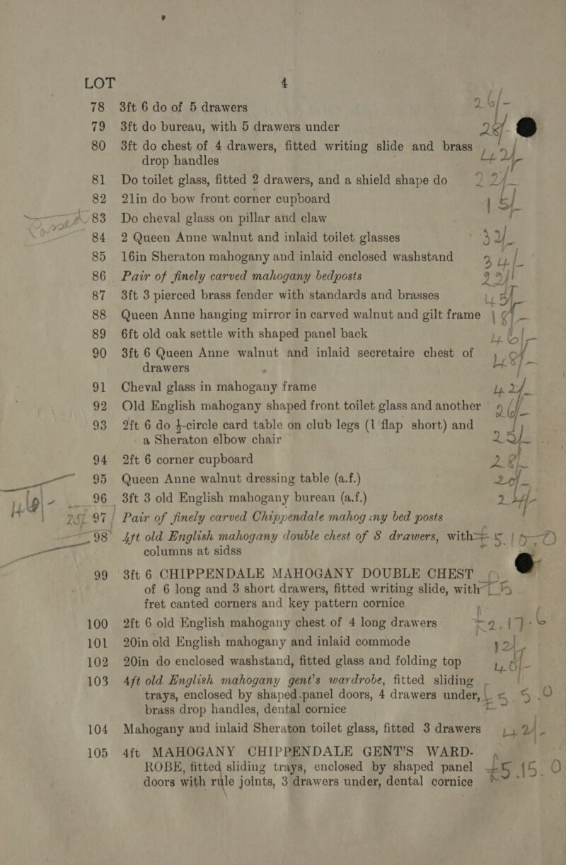 3ft do chest of 4 drawers, fitted writing slide and brass drop handles Ly DY Do toilet glass, fitted 2 drawers, and a shield shape do jks 2lin do bow front corner cupboard 3ft 6 do of 5 drawers 4] y Do cheval glass on pillar and claw = 2 Queen Anne walnut and inlaid toilet glasses Jno BS 16in Sheraton mahogany and inlaid enclosed washstand Asw ce ve Pair of finely carved mahogany bedposts 3ft 3 pierced brass fender with standards and brasses Queen Anne hanging mirror in carved walnut and gilt frame 6ft old oak settle with shaped panel back 3ft 6 Queen Anne walnut and inlaid secretaire chest of drawers Cheval glass in mahogany frame 2ft 6 do 4-circle card table on club legs (1 flap short) and ly Le Old English mahogany shaped front toilet glass and another ~ i b a Sheraton elbow chair 4 As 2ft 6 corner cupboard Queen Anne walnut dressing table (a.f.) Ltt old English mahogany double chest of 8 drawers, with== Mia fever columns at sidss of _ 3ft 6 CHIPPENDALE MAHOGANY DOUBLE CHEST 1) e of 6 long and 3 short drawers, fitted writing slide, with fret canted corners and key pattern cornice XK: j 2ft 6 old English mahogany chest of 4 long drawers 4), hg 20in old English mahogany and inlaid commode : 12 20in do enclosed washstand, fitted glass and folding top i. OL 4ft old English mahogany gent’s wardrobe, fitted sliding . [Ps trays, enclosed by shaped.panel doors, 4 drawers under, \. oe 5 O brass drop handles, dental cornice a Mahogany and inlaid Sheraton toilet glass, fitted 3 drawers |) vy, tS : : 4ft MAHOGANY CHIPPENDALE GENT’S WARD- ROBE, fitted sliding trays, enclosed by shaped panel £5 {5 0 doors with rule joints, 3 drawers under, dental cornice Bi
