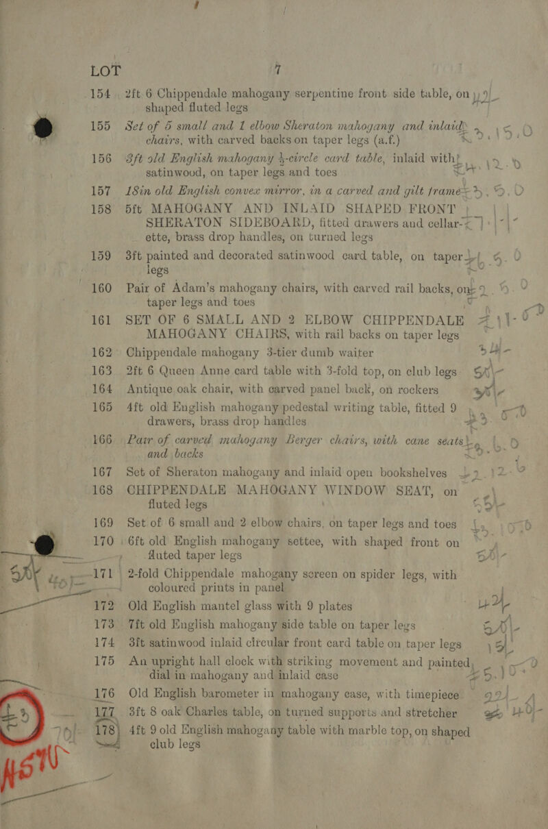 154 . 2ft 6 Chippendale mahogany serpentine front side table, on )) shaped fluted legs @ 155 Set of 5 small and 1 elbow Sheraton mahogany and mlard . a ae chairs, with carved backs on taper legs (a.f.) «RA INE BP A Nor 156 38ft old English mahogany $-cwrcle card table, inlaid with} Ee satinwood, on taper legs and toes if pega: 157 L8in old English convex mirror, in a carved and gilt frame= > , 2 158 5ft MAHOGANY. AND INLAID SHAPED FRONT } _ | | SHERATON SIDEBOARD, fitted arawers and cellar-< | + |~|~ ette, brass drop handles, on turned legs | L59 fort painted and decorated satinwood card table, on taper _l| $9 legs he 160 Pair of Adam’s mahogany chairs, with carved rail backs, one 2 . 3 oe taper legs and toes . “ty 161 SET OF 6 SMALL AND 2 ELBOW CHIPPENDALE a | ade MAHOGANY CHAIRS, with rail backs on taper legs 162° Chippendale mahogany 3-tier dumb waiter oo ‘a 163 2ft 6 Queen Anne card table with 3-fold top, on club legs Soh oak 164 Antique oak chair, with carved panel back, on rockers wh \7 165 4ft old English mahogany pedestal writing table, fitted 9 , % na drawers, brass drop handles BIN ’ 166 Pair of carved mahogany Berger chairs, with cane seats) a (.. 0 and backs 49 } 167 Set of Sheraton mahogany and inlaid open bookshelves 19 !2- 7 168 CHIPPENDALE MAHOGANY WINDOW SEAT, on p ¥ q fluted legs HH Set of 6 small and 2 elbow chairs, on taper legs and toes i 5 6ft old English mahogany settee, with shaped front on ™~ ,- .fluted taper legs oA | 2-fold Chippendale mahogany screen on spider legs, with coloured prints in panel ) Old English mantel glass with 9 plates | yd 3 7ft old English mahogany side table on taper legs | &amp; i. 3ft satinwood inlaid circular front card table on taper legs } An upright hall clock with striking movement and palngsg fo “0 dial in mahogany and inlaid case 4S. ihe Old English barometer in mahogany ease, with timepiece 2. Be A 3ft 8 oak Charles table, on turned supporis and stretcher or, se } 4ft 9 old English mahogany table with marble top, on shaped club legs 