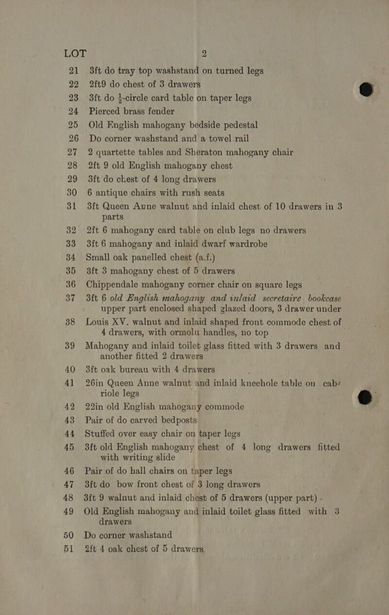 LOT 21 22 23 24 25 26 27 28 29 30 31 32 33 34 35 36 37 38 39 40 4] 42 43 44 45 46 47 48 49 50 2 3ft do tray top washstand on turned legs 2ft9 do chest of 3 drawers 3ft do 3-circle card table on taper legs Pierced brass fender Old English mahogany bedside pedestal Do corner washstand and a towel.rail 2 quartette tables and Sheraton mahogany chair 2ft 9 old English mahogany chest 3ft do chest of 4 long drawers 6 antique chairs with rush seats 3ft Queen Anne walnut and inlaid chest of 10 drawers in 3 parts 2ft 6 mahogany card table on club legs no drawers 3ft 6 mahogany and inlaid dwarf wardrobe Small oak panelled chest (a.f.) 3ft 3 mahogany chest of 5 drawers Chippendale mahogany corner chair on square legs 3ft 6 old English mahogany and inlaid secretaire bookcase upper part enclosed shaped glazed doors, 3 drawer under Louis XV. walnut and inlaid shaped front commode chest of 4 drawers, with ormolu handles, no top Mahogany and inlaid toilet glass fitted with 3 drawers and another fitted 2 drawers 3ft oak bureau with 4 drawers 26in Queen Anne walnut and inlaid kneehole table on cab: riole legs 22in old English mahogany commode Pair of do carved bedposts Stuffed over easy chair on taper legs 3ft old English mahogany chest of 4 long drawers fitted with writing slide Pair of do hall chairs on taper legs 3ft do bow front chest of 3 long drawers 3ft 9 walnut and inlaid chest of 5 drawers (upper part) Old English mahogany and inlaid toilet glass fitted with 38 drawers Do corner washstand .
