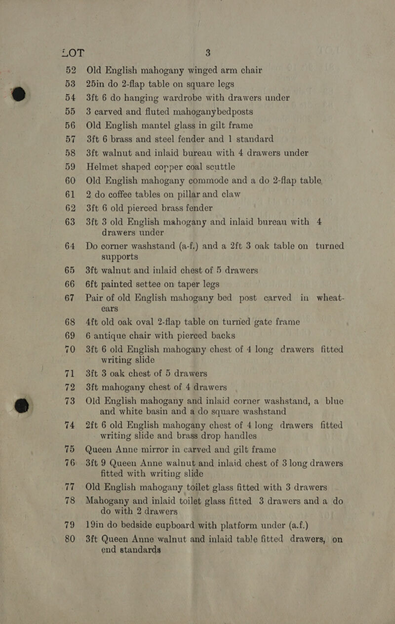 20T 52 53 54 55 56 57 58 59 60 61 62 63 64 65 66 67 79 80 3 Old English mahogany winged arm chair 25in do 2-flap table on square legs 3ft 6 do hanging wardrobe with drawers under 3 carved and fluted mahoganybedposts Old English mantel glass in gilt frame 3ft 6 brass and steel fender and 1 standard 3ft walnut and inlaid bureau with 4 drawers under Helmet shaped corper coal scuttle Old English mahogany commode and a do 2-flap table 2 do coffee tables on pillar and claw 3ft 6 old pierced brass fender 3ft 3 old English mahogany and inlaid bureau with 4 drawers under Do corner washstand (a-f.) and a 2ft 3 oak table on turned supports 3ft walnut and inlaid chest of 5 drawers 6ft painted settee on taper legs Pair of old English mahogany bed post carved in wheat- ears Aft old oak oval 2-flap table on turned gate frame 6 antique chair with pierced backs 3ft 6 old English mahogany chest of 4 long drawers fitted writing slide 3ft 3 oak chest of 5 drawers 3ft mahogany chest of 4 drawers Old English mahogany and inlaid corner washstand, a_ blue and white basin and a do square washstand 2ft 6 old English mahogany chest of 4 long drawers fitted writing slide and brass drop handles Queen Anne mirror in carved and gilt frame 3ft 9 Queen Anne walnut and inlaid chest of 3 long drawers fitted with writing slide Old English mahogany toilet glass fitted with 3 drawers Mahogany and inlaid toilet glass fitted 3 drawers and a do do with 2 drawers 19in do bedside cupboard with platform under (a.f.) 3ft Queen Anne walnut and inlaid table fitted drawers, on end standards