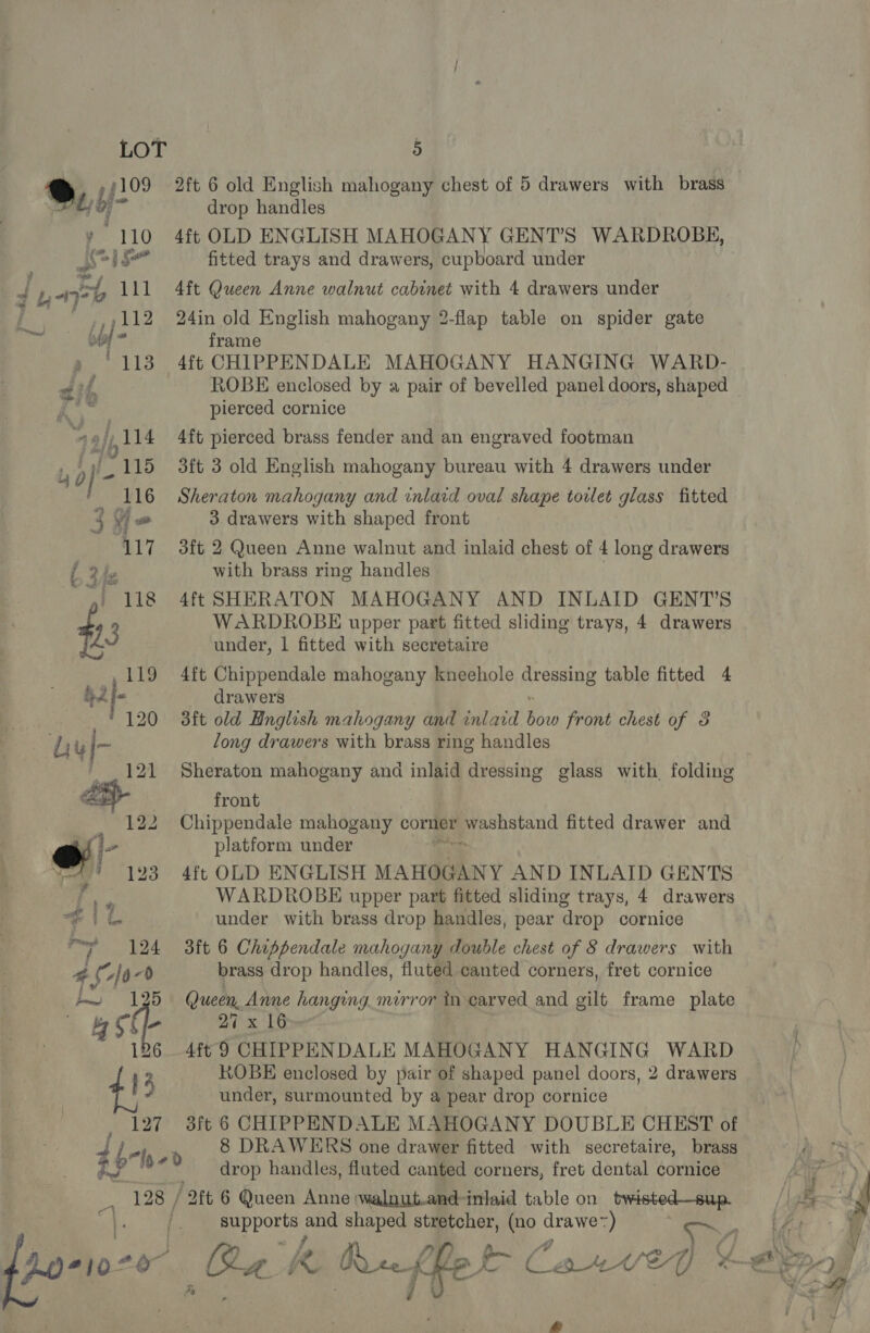 2ft 6 old English mahogany chest of 5 drawers with brass drop handles 4ft OLD ENGLISH MAHOGANY GENTS WARDROBE, fitted trays and drawers, cupboard under 4ft Queen Anne walnut cabinet with 4 drawers under 24in old English mahogany 2-flap table on spider gate frame ROBE enclosed by « pair of bevelled panel doors, shaped pierced cornice 4ft pierced brass fender and an engraved footman 3ft 3 old English mahogany bureau with 4 drawers under Sheraton mahogany and inlaid oval shape toilet glass fitted 3. drawers with shaped front 3ft 2 Queen Anne walnut and inlaid chest of 4 long drawers with brass ring handles 4ft SHERATON MAHOGANY AND INLAID GENT’S WARDROBE upper part fitted sliding trays, 4 drawers under, | fitted with secretaire 4ft Chippendale mahogany kneehole sebnae table fitted 4 drawers aft old Bnglish mahogany and inlaid oes front chest of 3 long drawers with brass ring handles Sheraton mahogany and inlaid dressing glass with folding front 122 Chippendale mahogany corner eee fitted drawer and o- platform under w ' 193 4ft OLD ENGLISH MAHOGANY AND INLAID GENTS r oe WARDROBE upper part fitted sliding trays, 4 drawers it under with brass drop handles, pear drop cornice sg 124 3ft 6 Chippendale mahogany double chest of 8 drawers with PAG Ya) brass drop handles, fluted canted corners, fret cornice bw 195 Queen, Anne hanging. mirror in earved and gilt frame plate 8 CS l- 27 x Gh 126 4ft9 CHIPPENDALE MAHOGANY HANGING WARD 13 ROBE enclosed by pair of shaped panel doors, 2 drawers under, surmounted by a pear drop cornice 127 3ft 6 CHIPPENDALE MAHOGANY DOUBLE CHEST of rg  8 DRAWERS one drawer fitted with secretaire, brass bw adi _ drop handles, fluted canted corners, fret dental cornice oie ie / 2ft 6 Queen Anne walnut.and-inlaid table on twisted—sup. Jor107o~ oT as and shaped stretcher, ae ° drawe: * Oa kK Rees d 