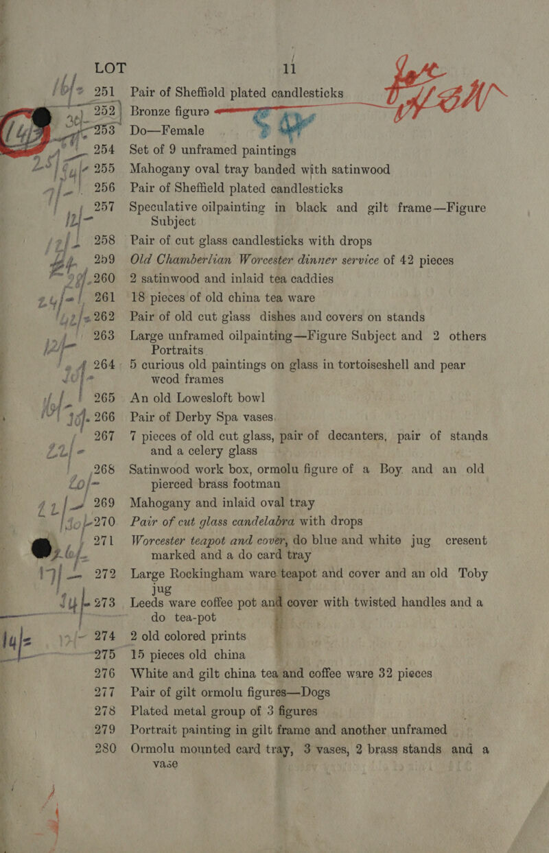 / 11 Pair of Sheffiold plated candlesticks Bronze figuro  Do—Female Set of 9 unframed paintings Mahogany oval tray banded with satinwood Pair of Sheffield plated candlesticks s 257 Speculative oilpainting in black and gilt frame—Figure Inl- Subject ip] | 258 Pair of cut glass candlesticks with drops  g fn, 259 Old Chamberlian Worcester dinner service of 42 pieces F~ 9 9.260 2 satinwood and inlaid tea caddies / 261 18 pieces of old china tea ware ‘OZ | » 262 Pair of old cut giass dishes and covers on stands 263 Large unframed oilpainting—Figure Subject and 2 others ’ jie Portraits f '» 4 264- 5 curious old paintings on glass in tortoiseshell and pear Jt § weod frames 65 An old Lowesloft bowl : &gt; Wy 7 i}. 266 Pair of Derby Spa vases, | - 267 7 pieces of old cut glass, pair of decanters, pair of stands gy LL - and a celery glass ' 268 Satinwood work box, ormolu figure of a Boy. and an old L0/~ pierced brass footman i J 269 Mahogany and inlaid oval tray Jo l-210. Pair of cut glass candelabra with drops @. . 271 Worcester teapot and cover, do blue and white jug cresent pAC f. marked and a do card tray 9 ~- 272 Large Rockingham ware teapot and cover and an old Toby jug : : J U L 273 Leeds ware coffee pot and cover with twisted handles and a  ee do tea-pot | 4 F )/~ 274 2 old colored prints : an 275 15 pieces old china f ; 276 White and gilt china tea and coffee ware 32 pieces 277 Pair of gilt ormolu figures—Dogs 278 Plated metal group of 3 figures 279 Portrait painting in gilt frame and another unframed 280 Ormolu mounted card tray, 3 vases, 1 2 brass stands and a vase