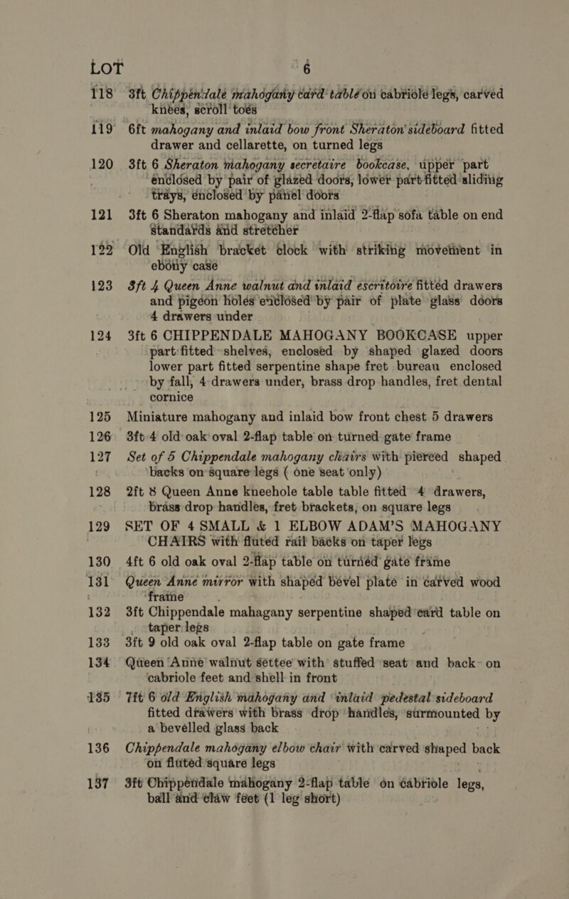118 119 120 128 130 131 134 135 136 137 sft Chippeniiale deity card: table ou cabriole legs, carved knees, scroll toé 6ft mahogany and Bplay bow front Sheraton' sideboard fitted drawer and cellarette, on turned legs 3ft 6 Sheraton mahogany secretaire bookcase, upper part endldsed by pair of glazed doors, lower part fitted sliding trays, enclosed by panel doors 3ft 6 Sheraton mahogany and inlaid 2-flap sofa table on end standards and stretéher Old ‘English bracket clock with striking movetivent ‘in ebony case Sft 4 Queen Anne walnut and inlaid escratoire fitted drawers and pigédn holes exdlésed by pair of plate glass doors 4 drawers under 3ft 6 CHIPPENDALE MAHOGANY BOOKCASE upper part: fitted shelves, enclosed by shaped glazed doors lower part fitted serpentine shape fret bureau enclosed by fall, 4:drawers under, brass drop handles, fret dental cornice Miniature mahogany and inlaid bow front chest 5 drawers 3ft 4 old oak oval 2-flap table’ on turned gate frame Set of 5 Chippendale mahogany chairs with piereed shaped. backs on square legs ( one seat only) 2ft 8 Queen Anne kneehole table table fitted 4 drawers, brass drop handles, fret brackets, on square legs SET OF 4 SMALL &amp; 1 ELBOW ADAM’S MAHOGANY CHAIRS with fluted rail backs on taper legs 4ft 6 old oak oval 2-Hap table on turiéd’ gate frame Queen Anne mirror with shaped bevel plate in carved wood ‘frame 3ft Chippendale mahagany serpentine shaped card table on . taper: legs 3ft 9 old oak oval 2- flap table on gate frame Queen Anne walnut settee with stuffed seat and back~ on cabriole feet and shell in front fitted drawers with brass drop’ handles, stirmounted by a bevelled glass back Chippendale mahogany elbow chair with carved gl st back on fluted square legs 3ft Chippétidale mahogany 2- flap table on cabriole leva, ball and elaw feet (1 leg short)